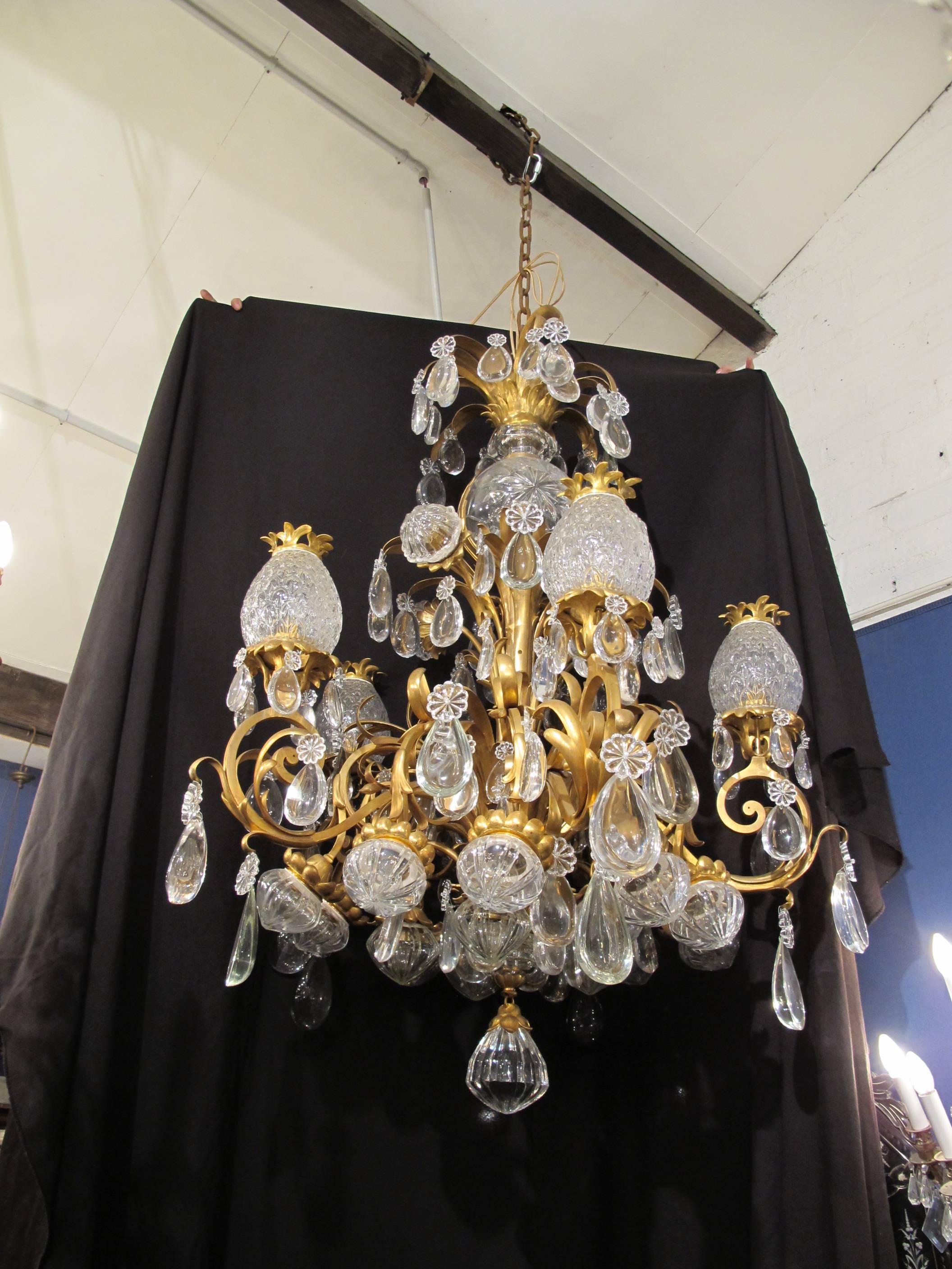 Large and Exceptional pair of French Baccarat chandeliers pineapple crystals and gild bronze 
Origine, France special order to a Private home in South France
In perfect condition re-electrification to standards
14 lights 


+ 20% VAT for CEE.