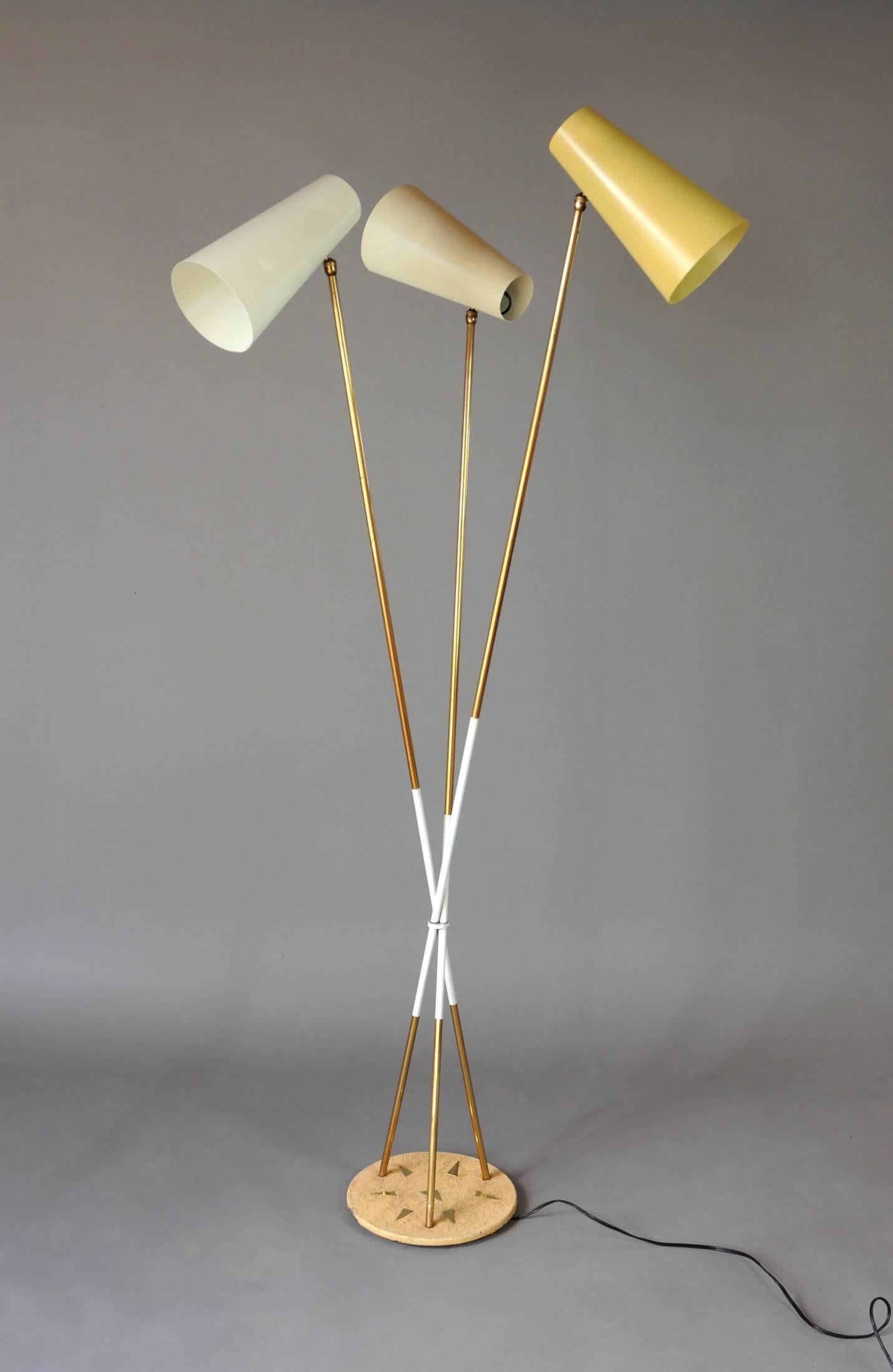 Mid-Century Modern Floor Lamp with Three Perforated Reflectors, Arlus, France, 1950
