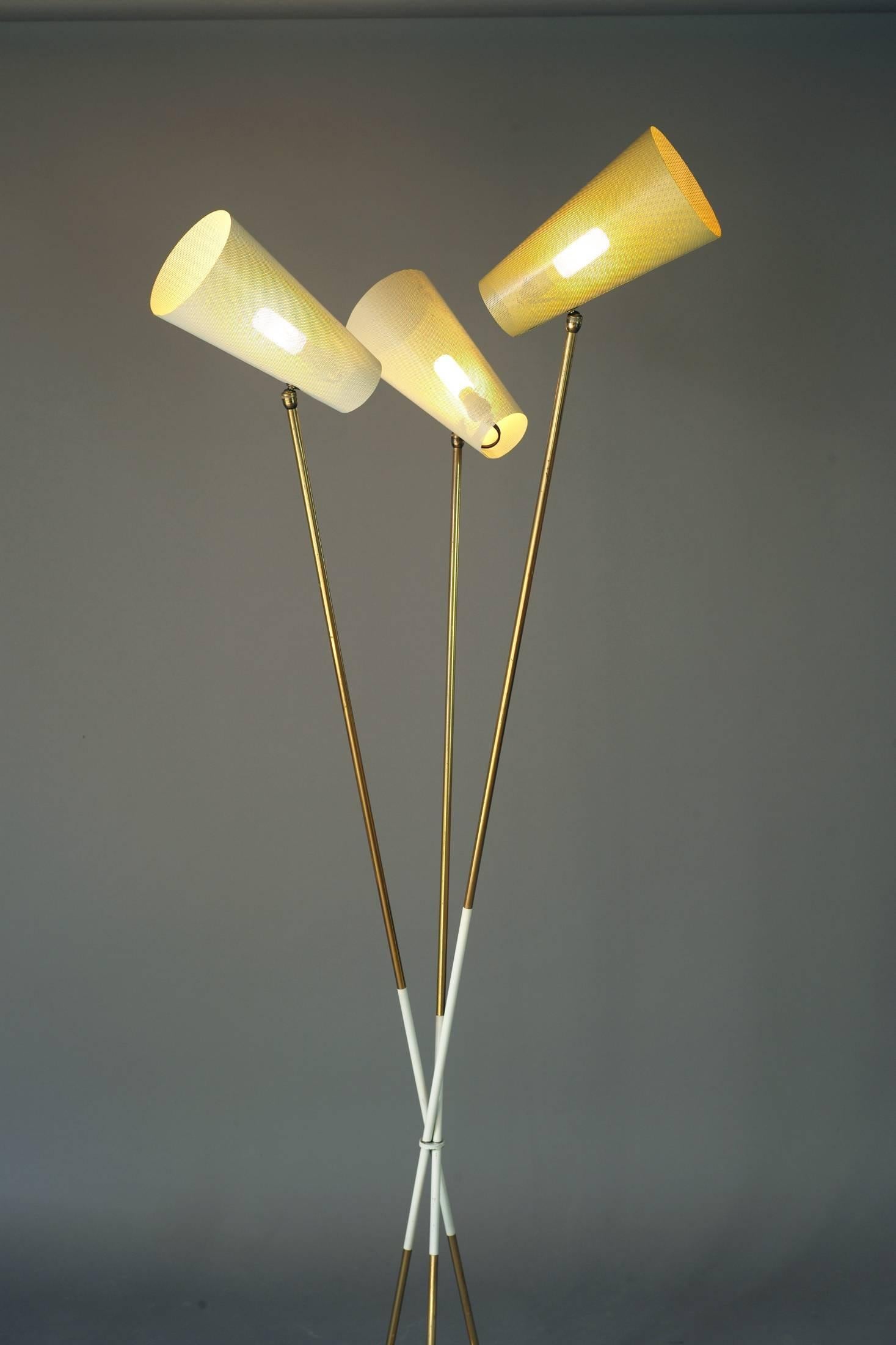 Lacquered Floor Lamp with Three Perforated Reflectors, Arlus, France, 1950