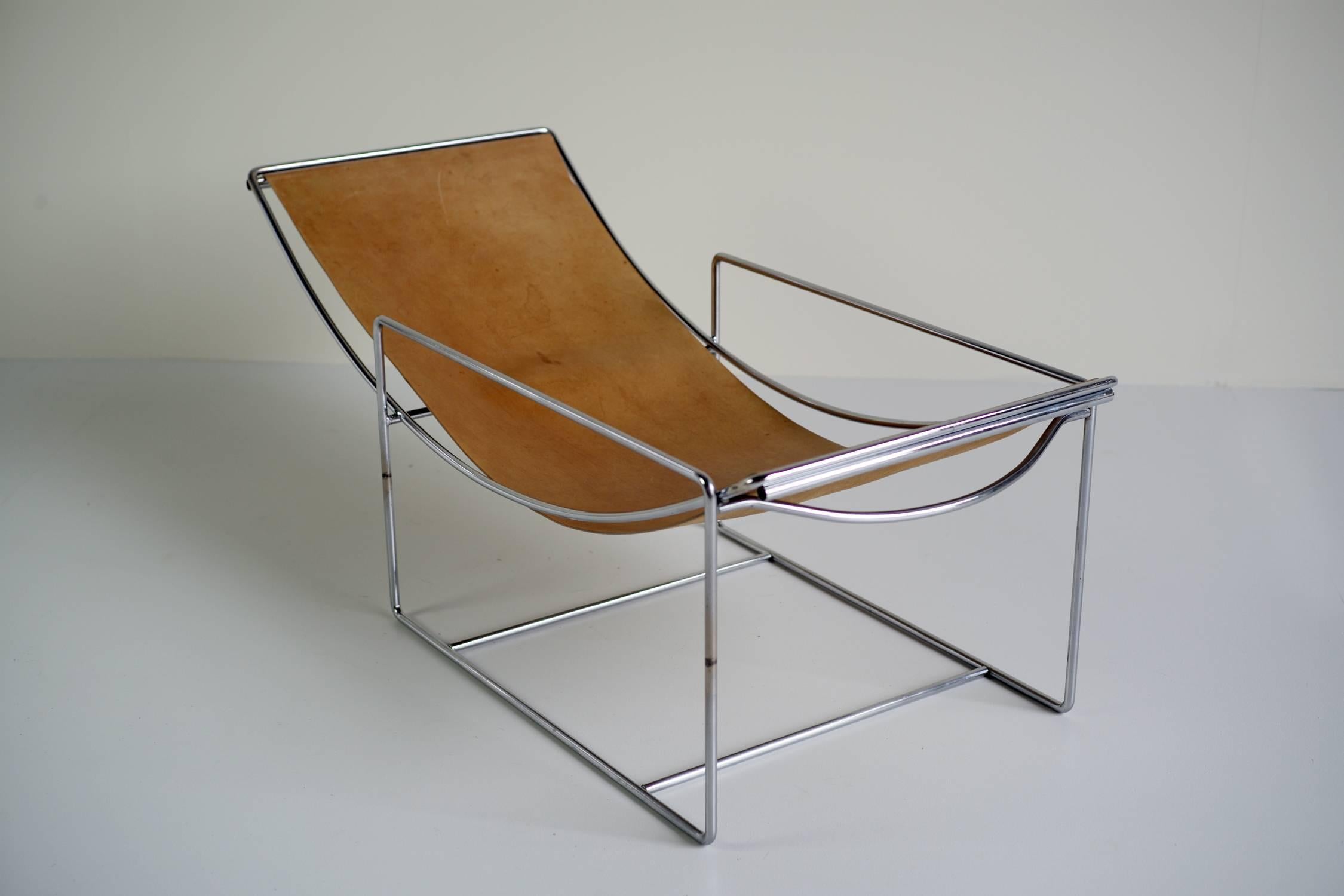 Scandinavian Minimalist Lounge Chair, Fawn Leather and Chrome, 1970