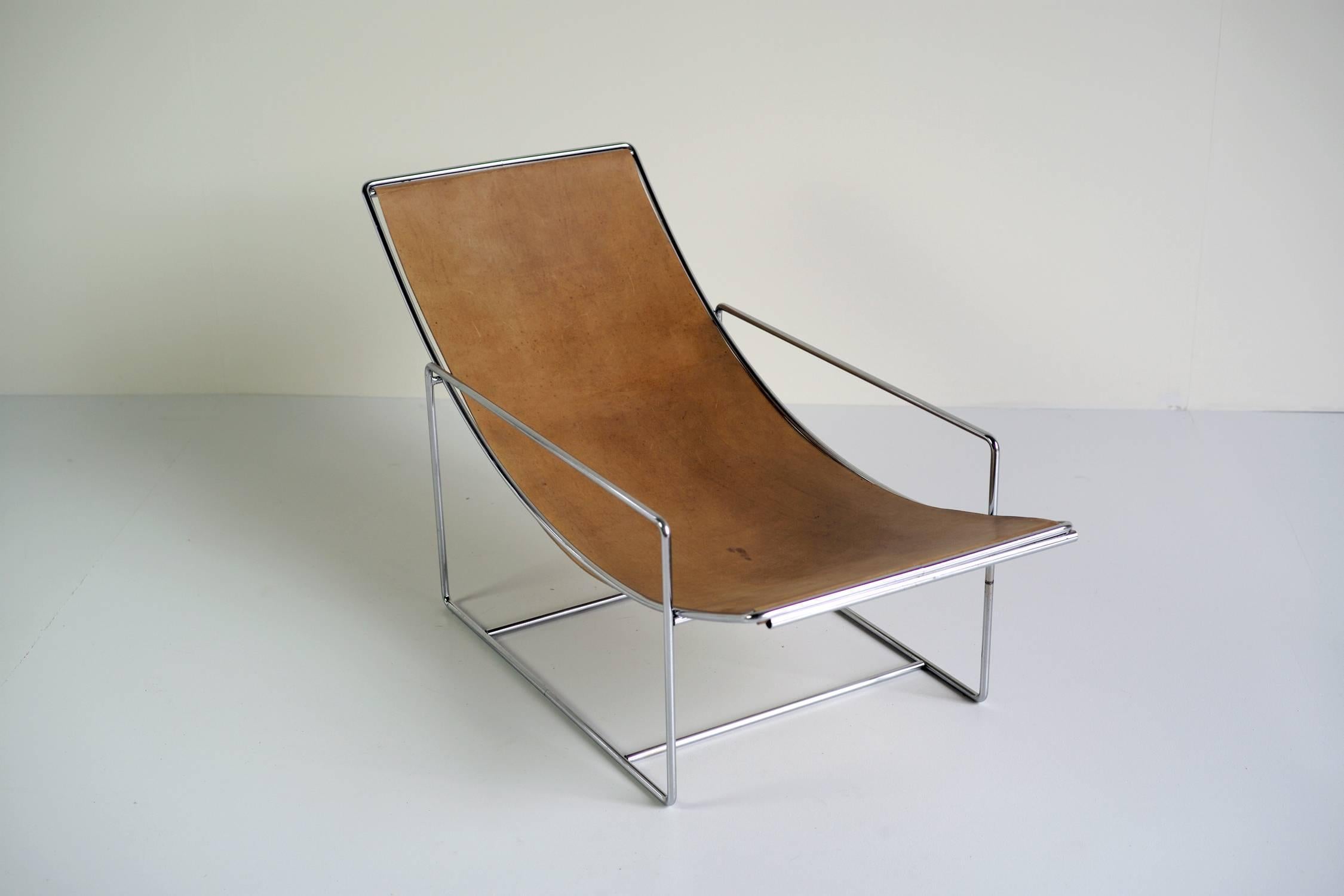 Minimalist Lounge Chair, Fawn Leather and Chrome, 1970 2