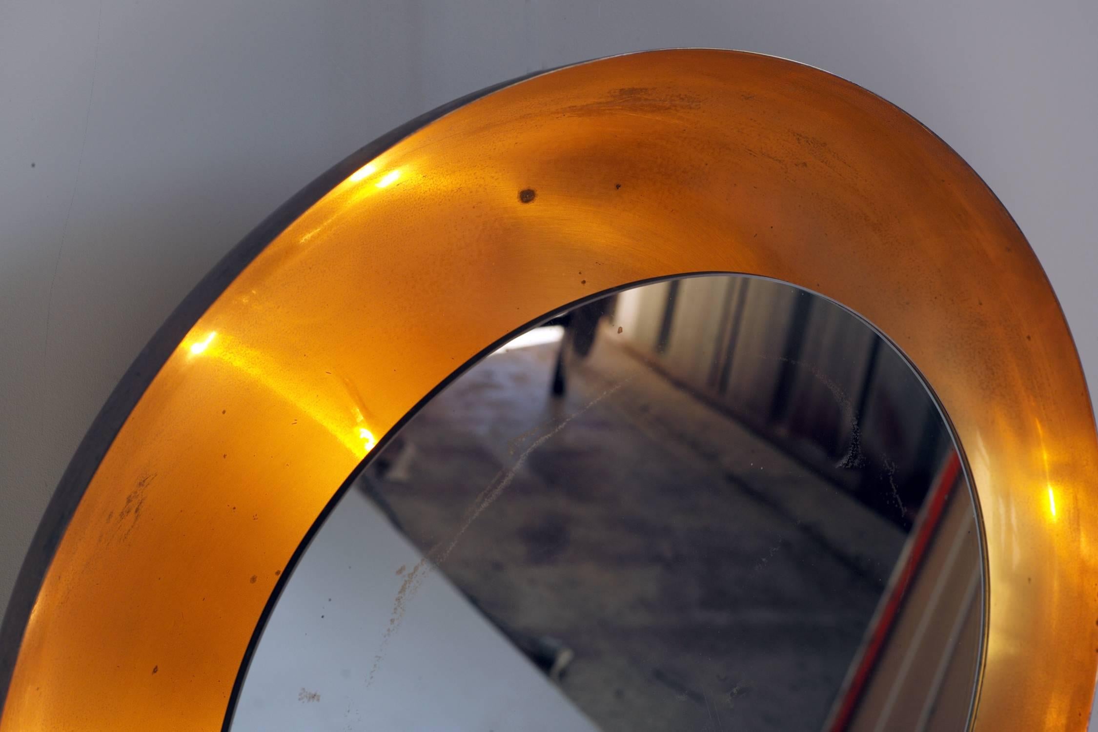 Mid-20th Century Illuminated Circular Mirror in Patinated Brass, Italy, 1950