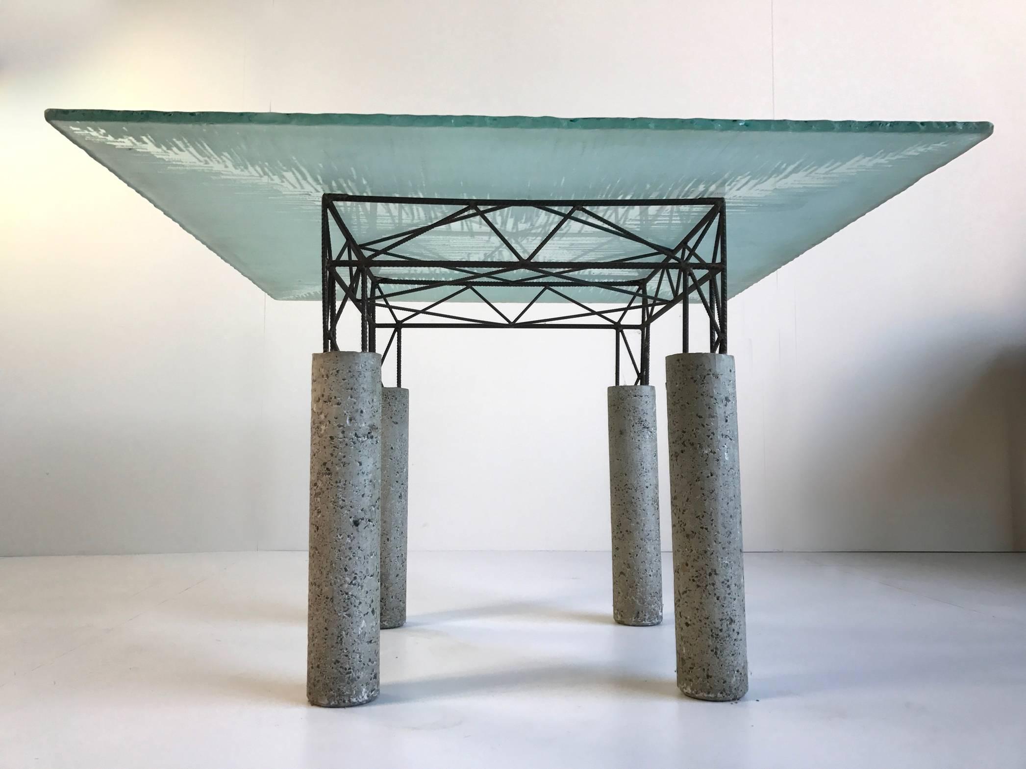 Brutalist Glass Table, Concrete and Concrete Iron, Italy, 1980 For Sale