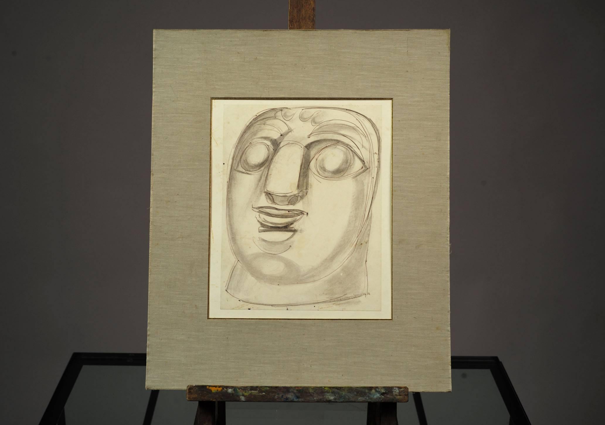 Mask, drawing with pencil and pen by Henry de Waroquier, signed and dated 1914 in the lower right.
