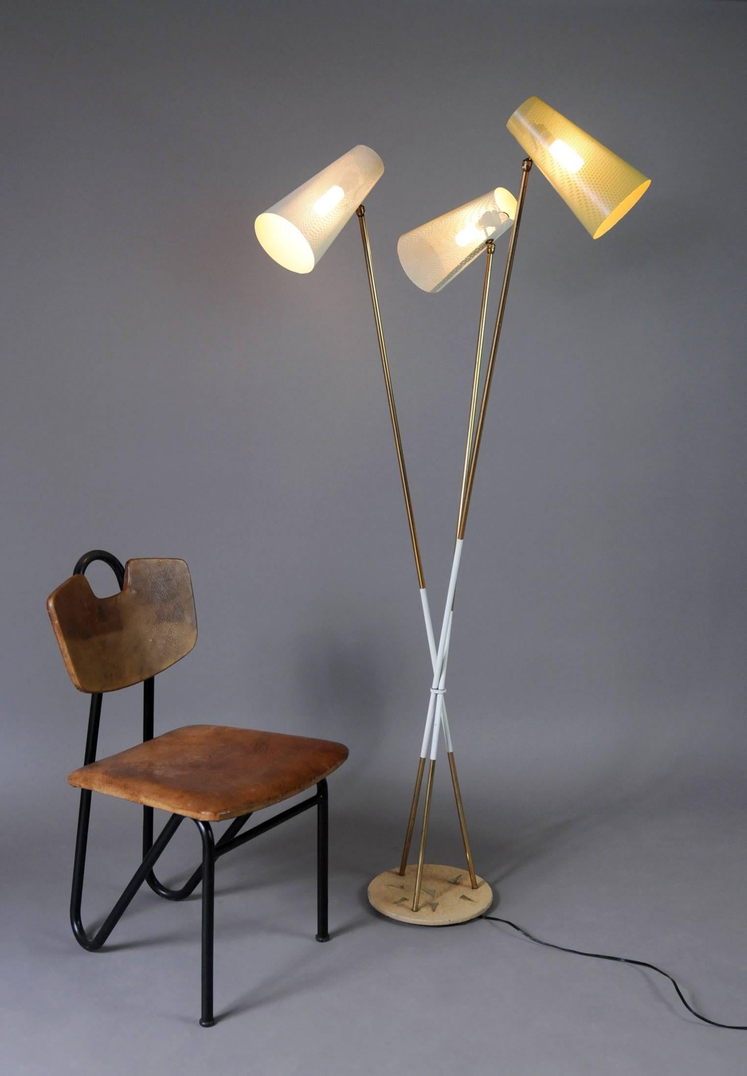 Floor Lamp with Three Perforated Reflectors, Arlus, France, 1950 2