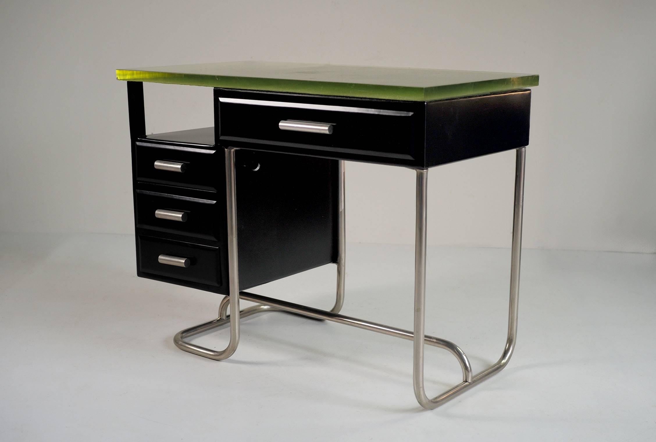 Bauhaus Tubular Desk in Black Lacquered Metal and Glass Slab, 1930