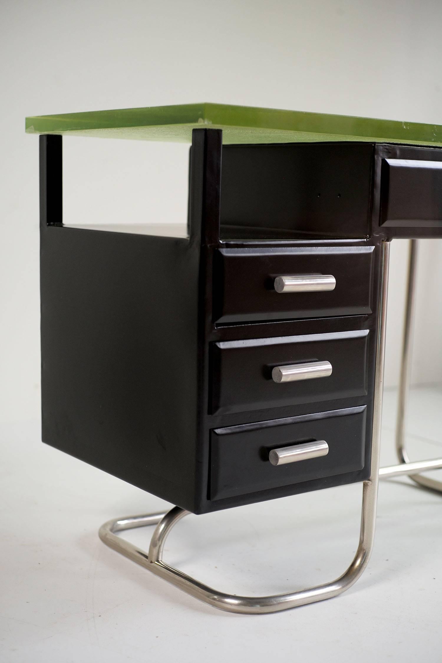 Tubular Desk in Black Lacquered Metal and Glass Slab, 1930 1