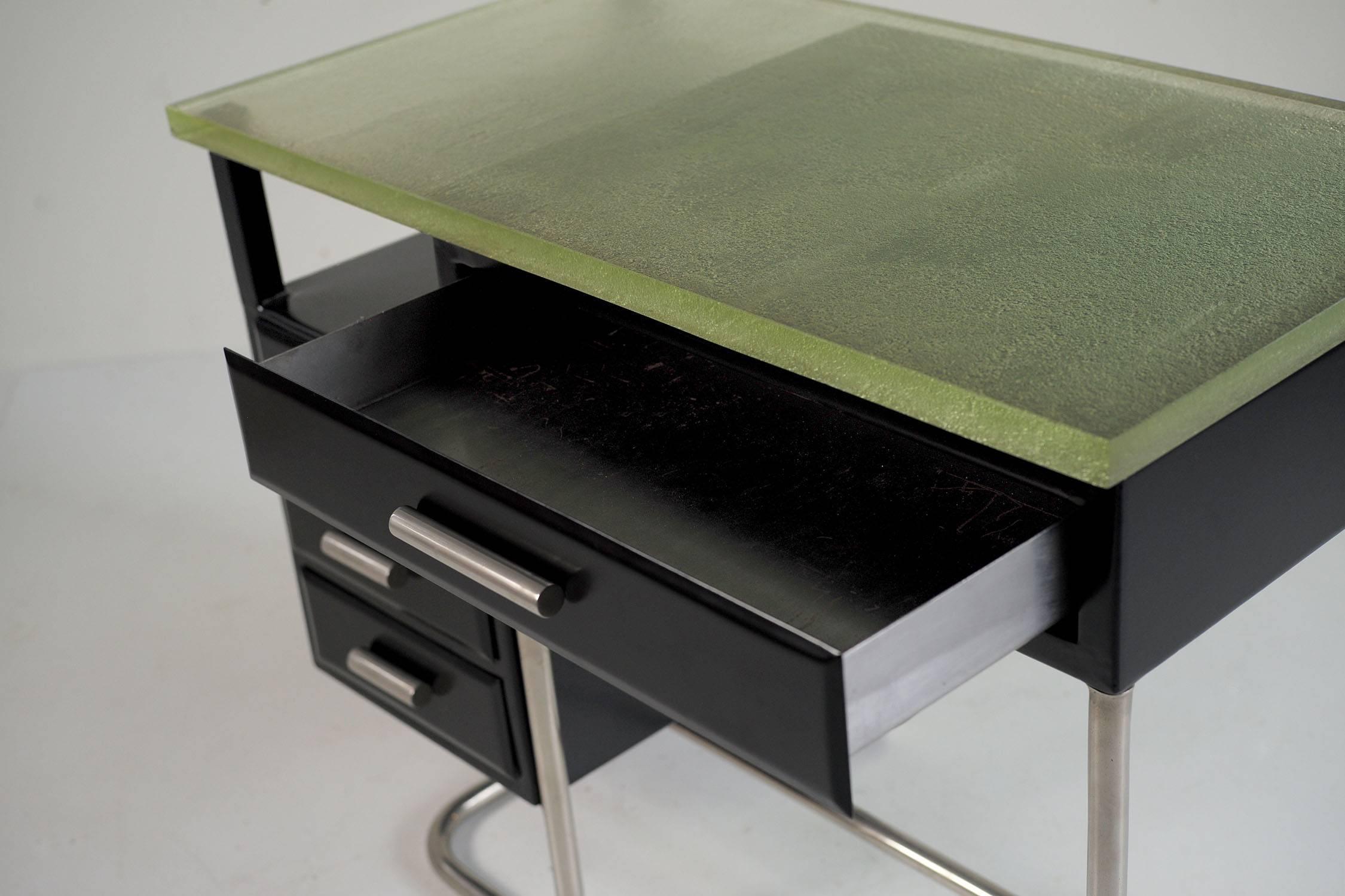 Tubular Desk in Black Lacquered Metal and Glass Slab, 1930 2