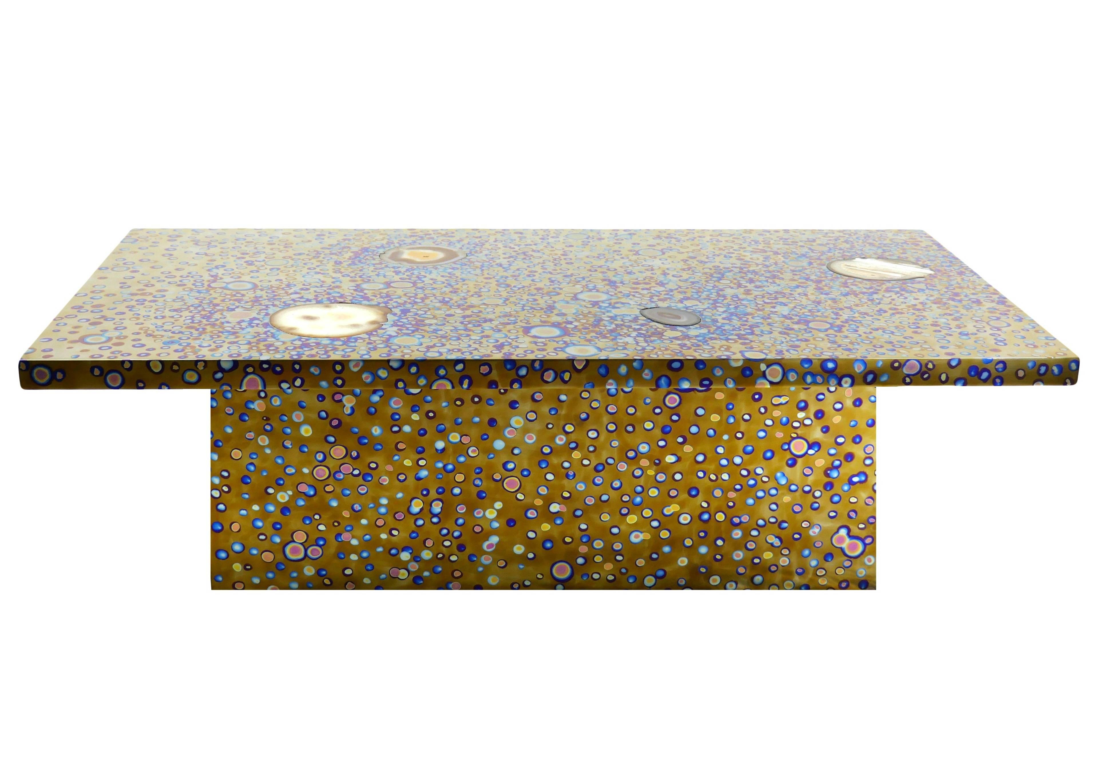 The INTERSTELLAR coffee table by Xavier Mennessier, is made of hand patinated titanium with fluorescent agate inlay.
Signed and numbered.
Custom sizes and patinas available. Please, contact us!
This table may be in stock. Check with us for