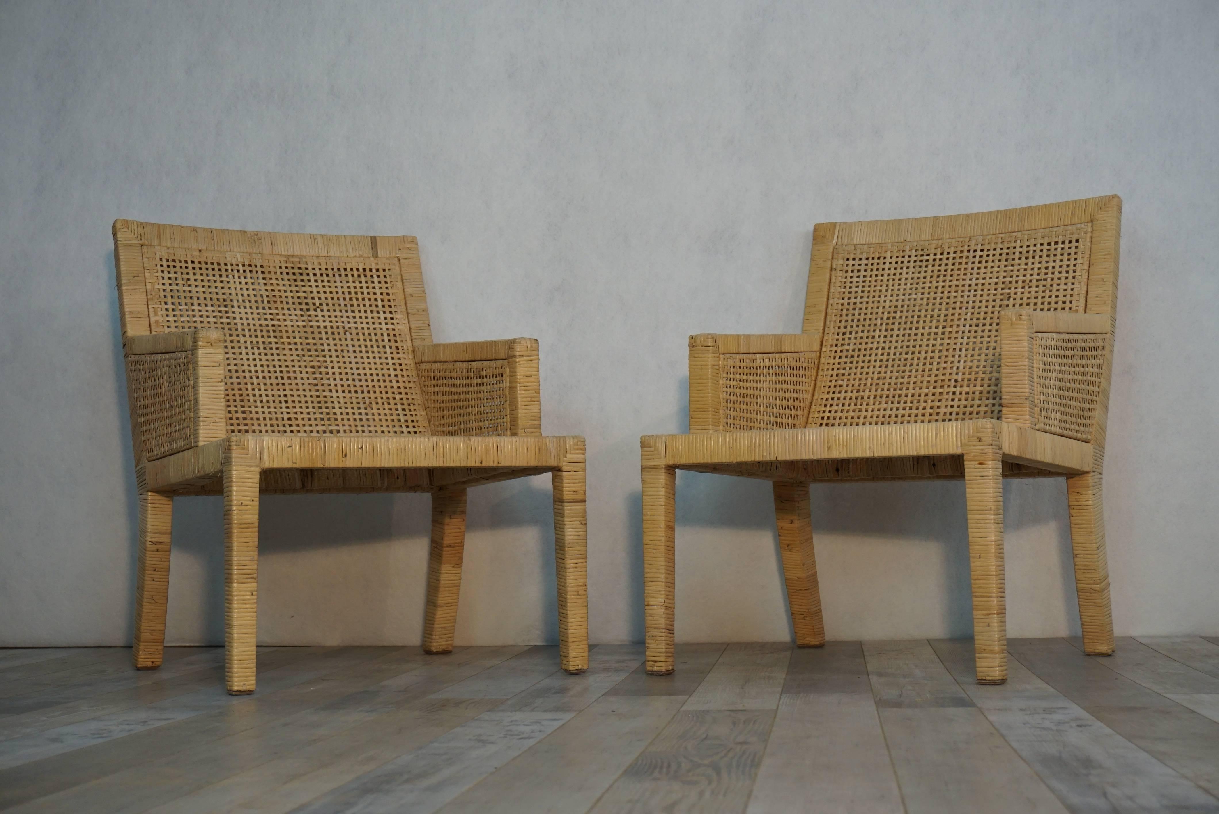 20th Century Pair of French Art Deco Design Rattan Bergeres by J.M. Frank and A. Chanaux