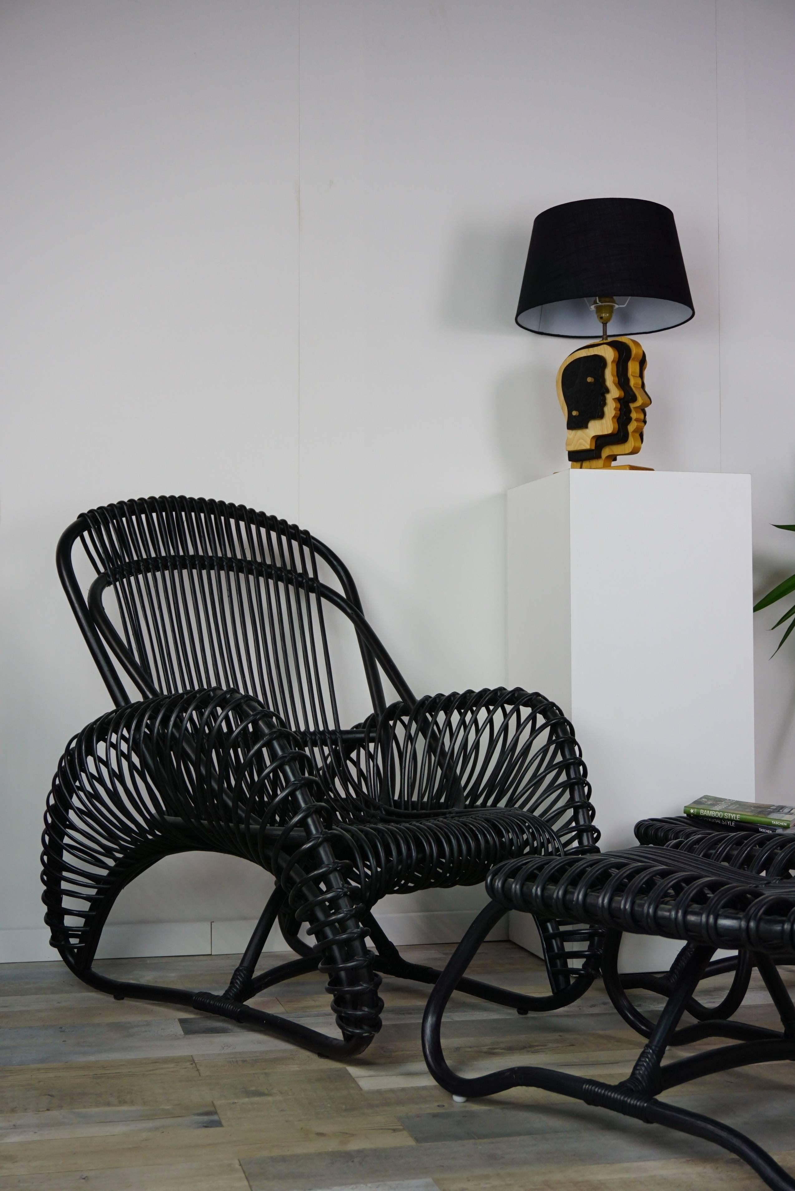 Mid-Century Modern Black Rattan Set of Armchair with Ottoman and Side Table For Sale