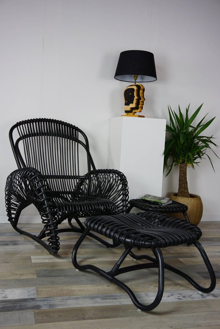 Black Rattan Set of Armchair with Ottoman and Side Table For Sale at