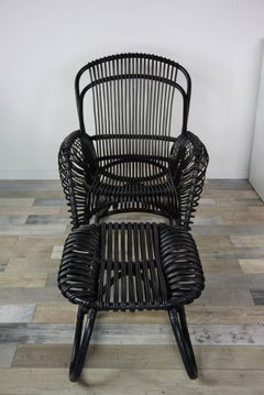 Black Rattan Set of Armchair with Ottoman and Side Table