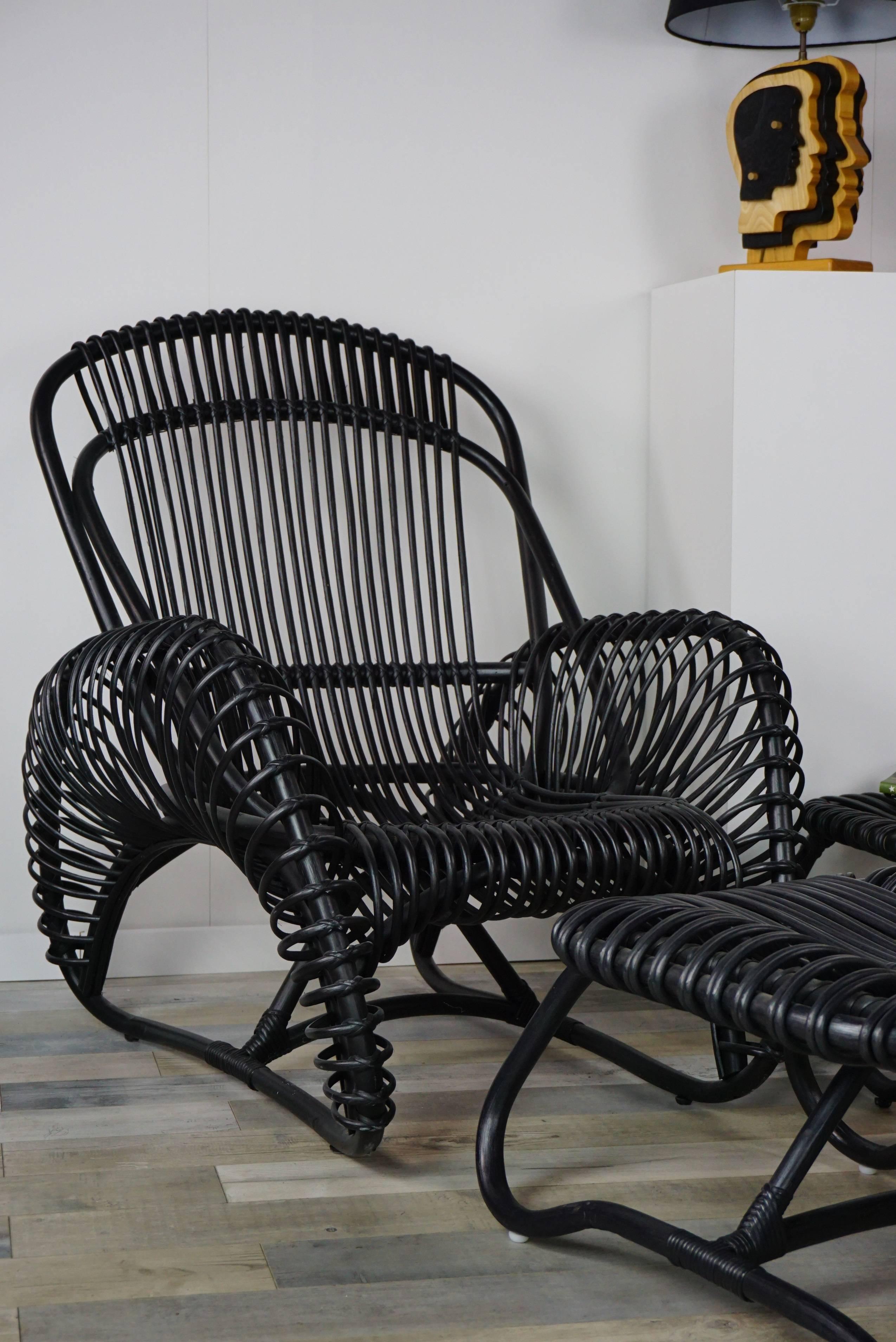 French Black Rattan Set of Armchair with Ottoman and Side Table For Sale