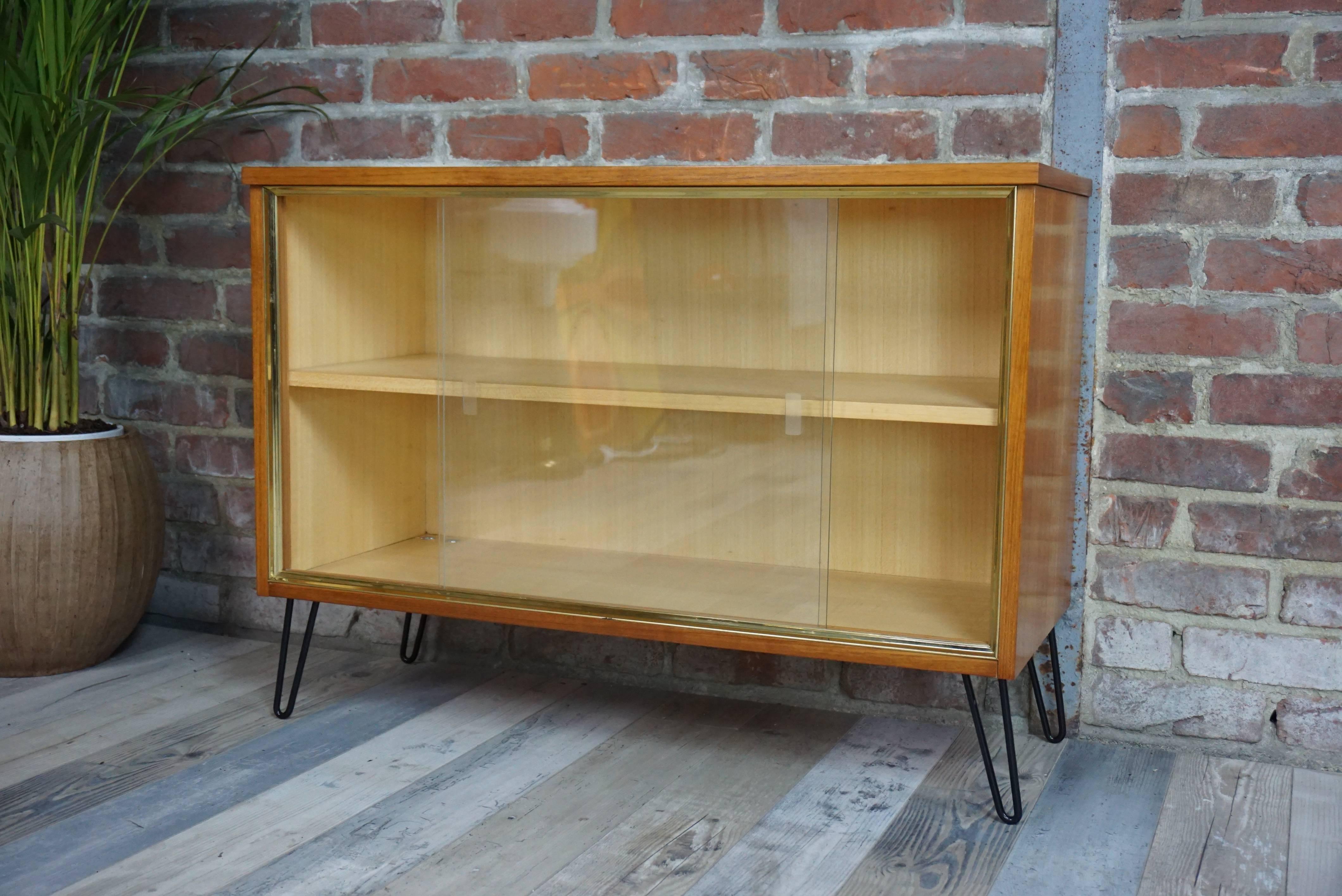 Belgian 1950s Teak and Glass Display Case Cabinet