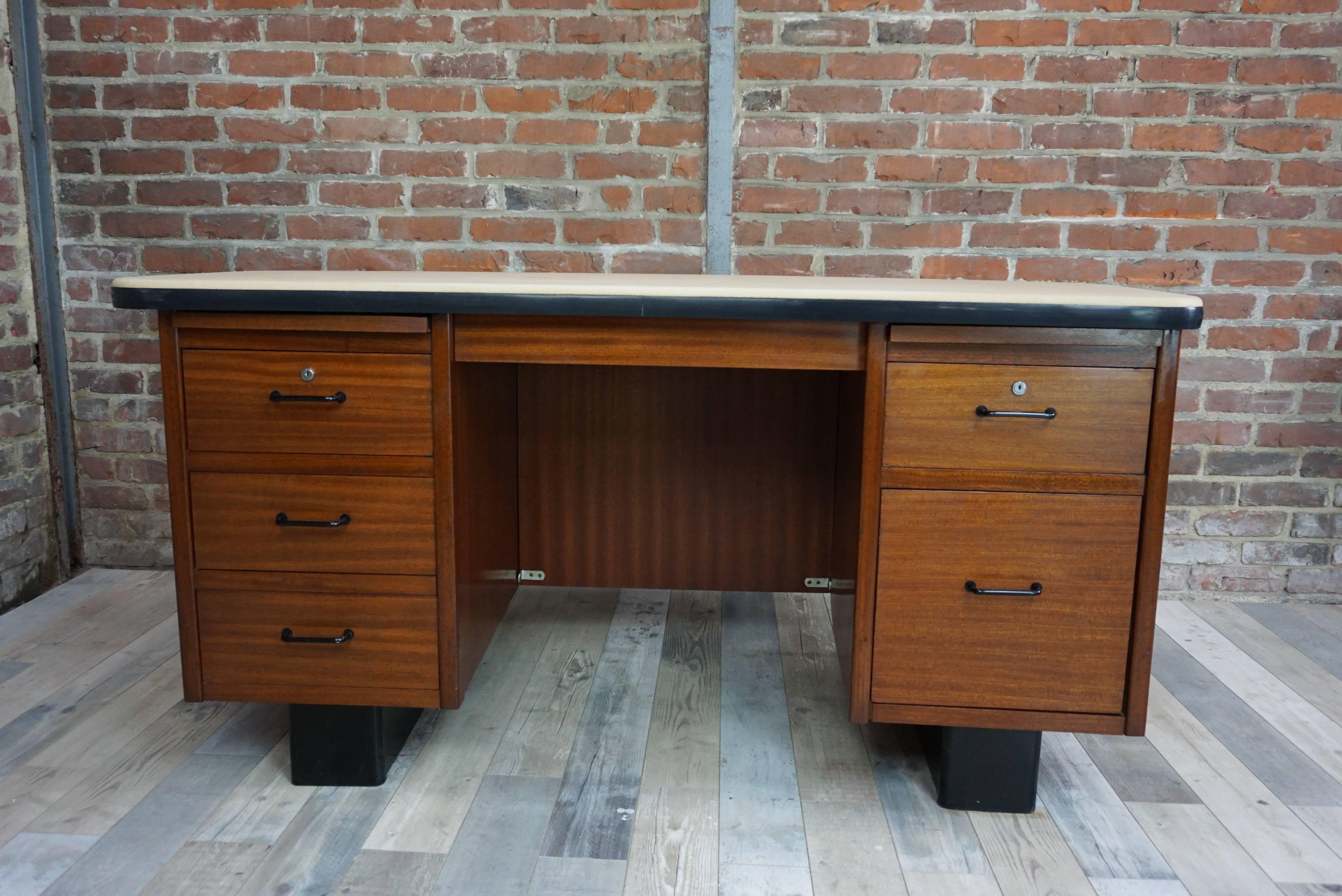 Faux Leather Teak Executive Desk French Design from the 1950s Art Deco Style