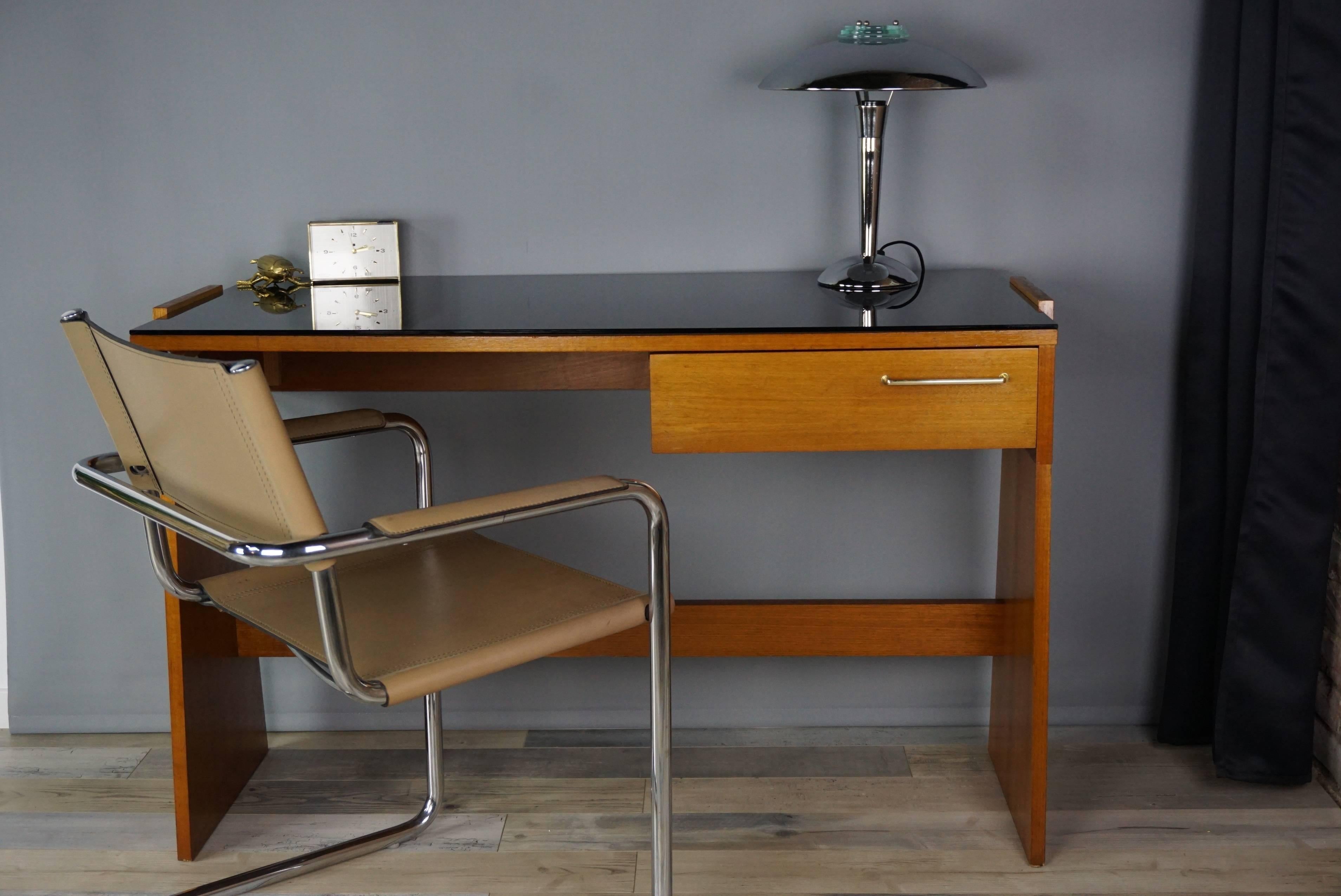20th Century Teak and Black Glass Top Desk Design of the 1960s