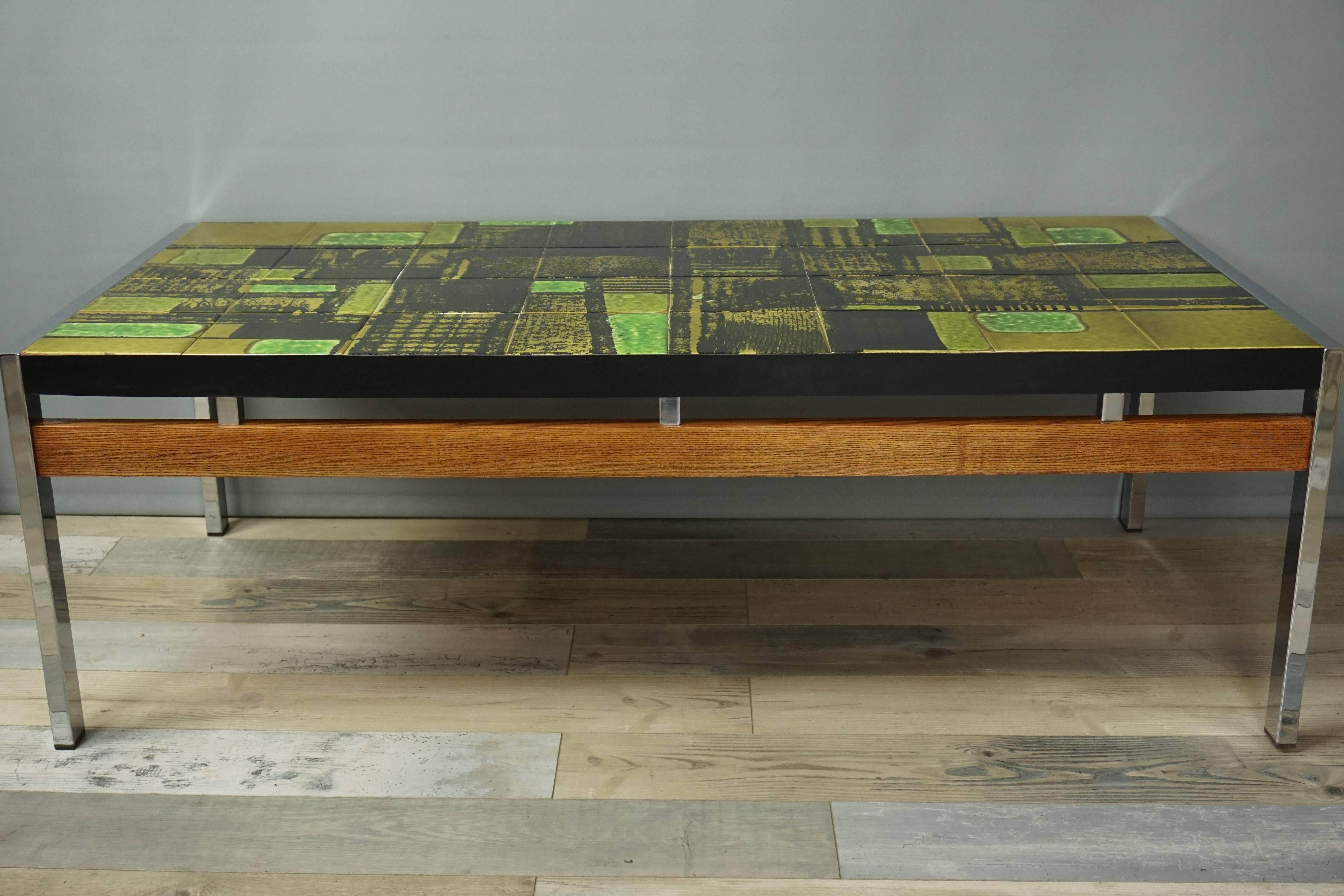 Important Dutch Design Of The 50s Ceramic Chrome And Wood Coffee Table  In Excellent Condition In Tourcoing, FR