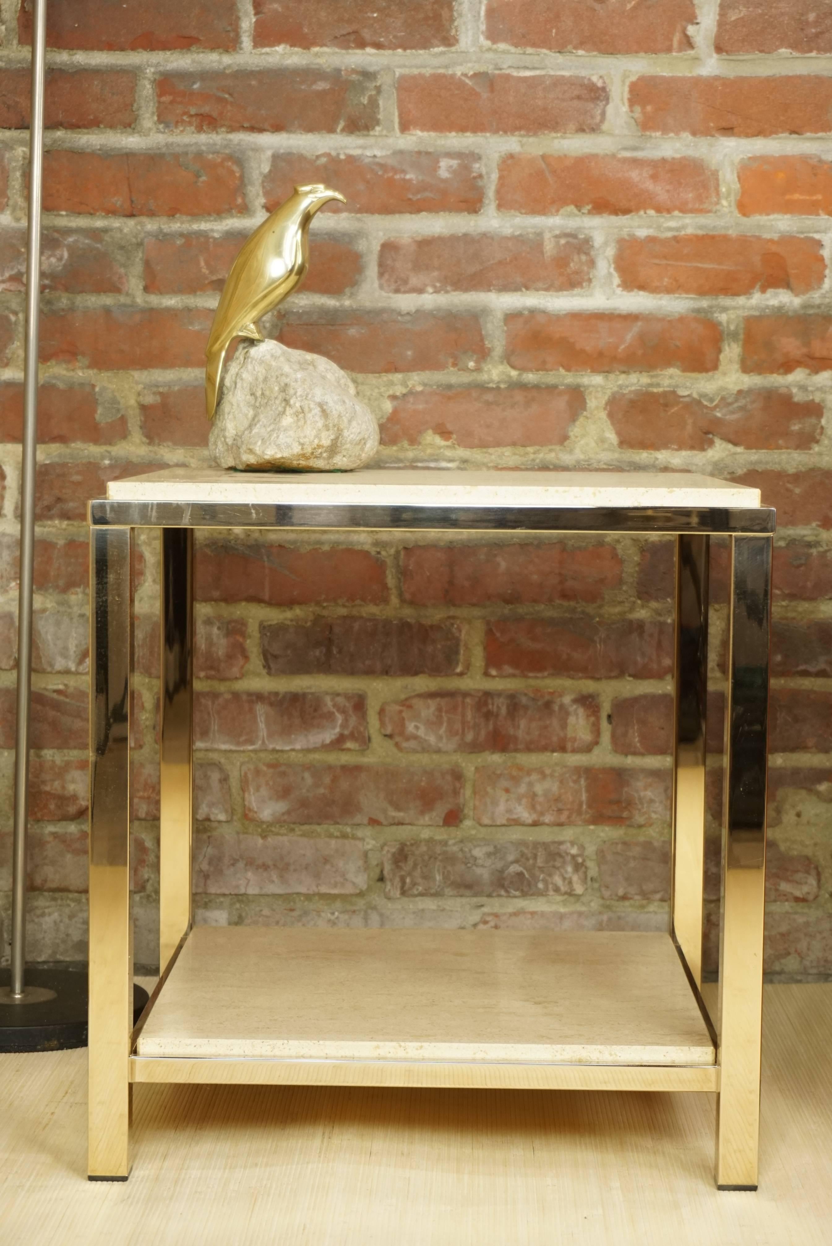 Pair of Gold-Plated Side Table with Travertine Shelf, 23-Carat by Belgo Chrome For Sale 1