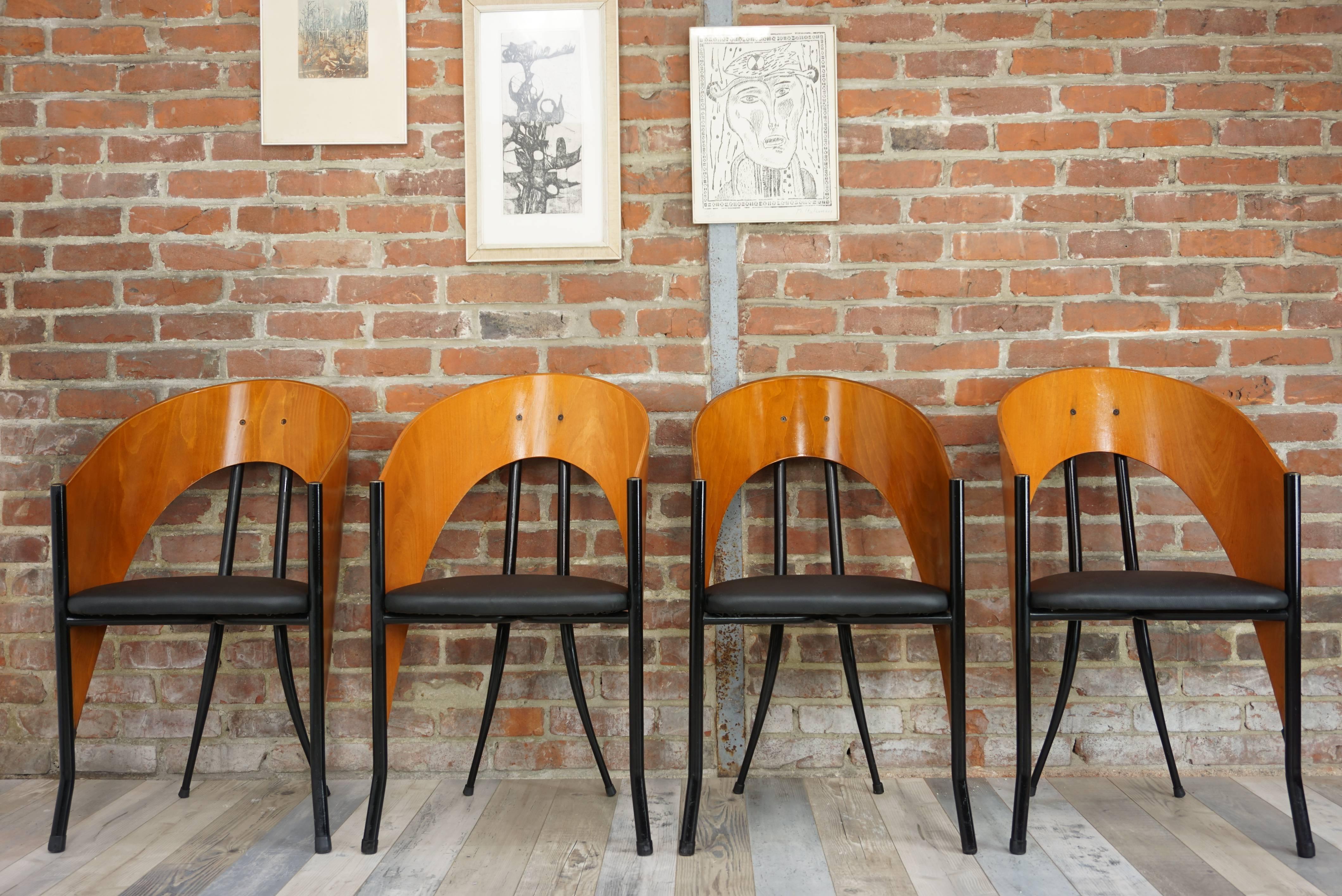 Mid-Century Modern Set of Six Wooden and Metal Italian Design Dining Armchairs
