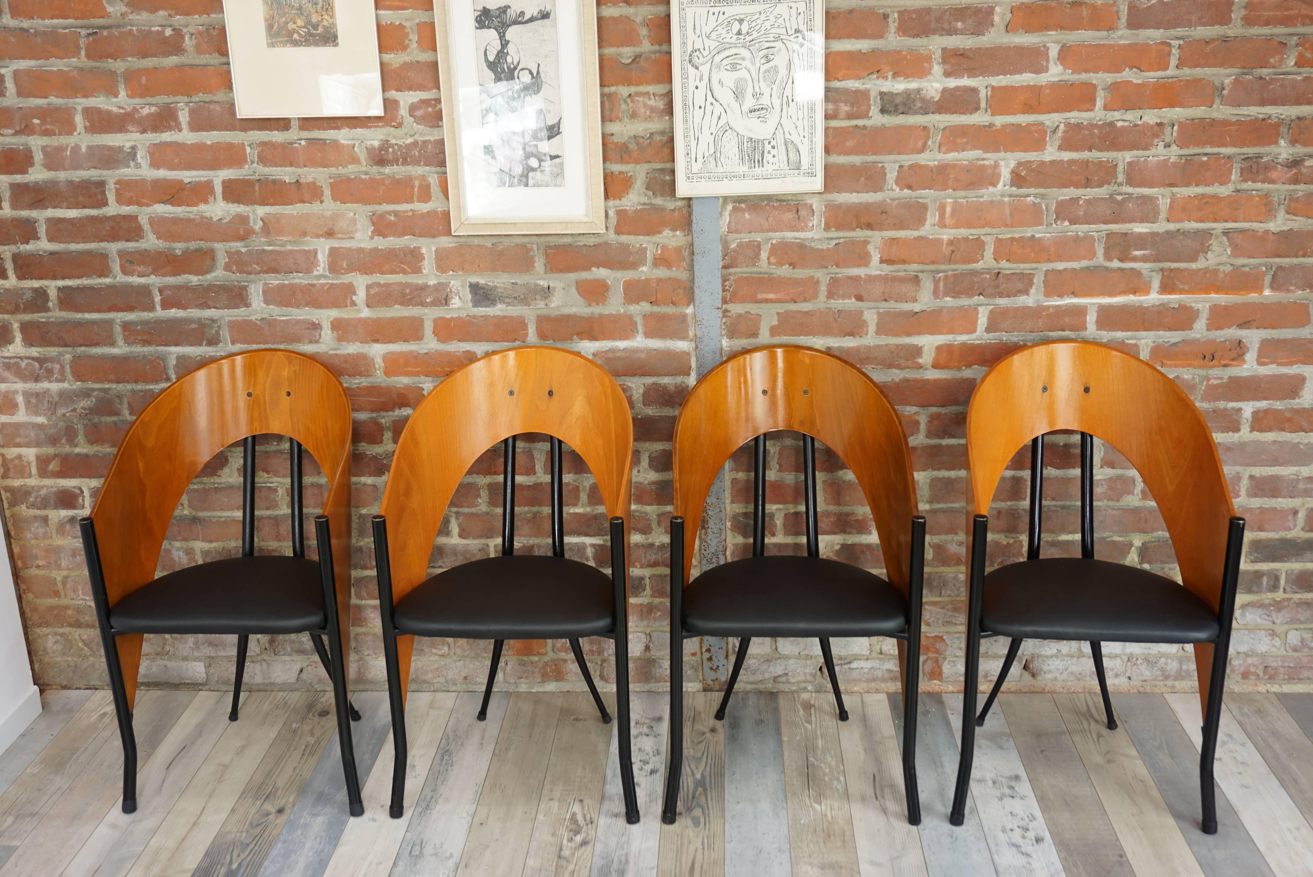 20th Century Set of Six Wooden and Metal Italian Design Dining Armchairs