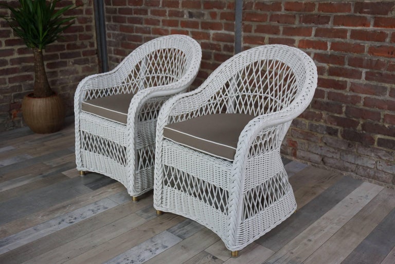 Set of Four White Wicker Rattan Armchairs For Sale at 1stdibs