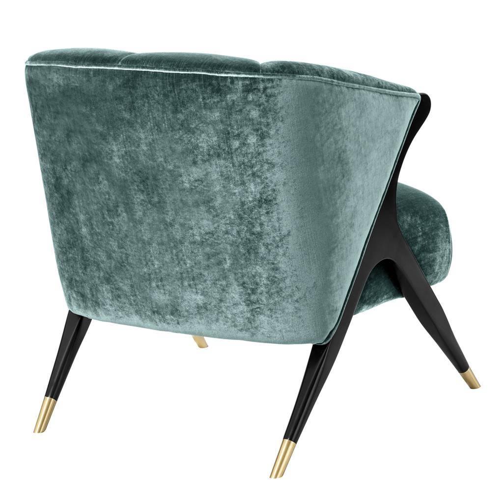 Black lacquer wooden feet with brass finish and velvet lounge armchair Mid-Century Modern style.