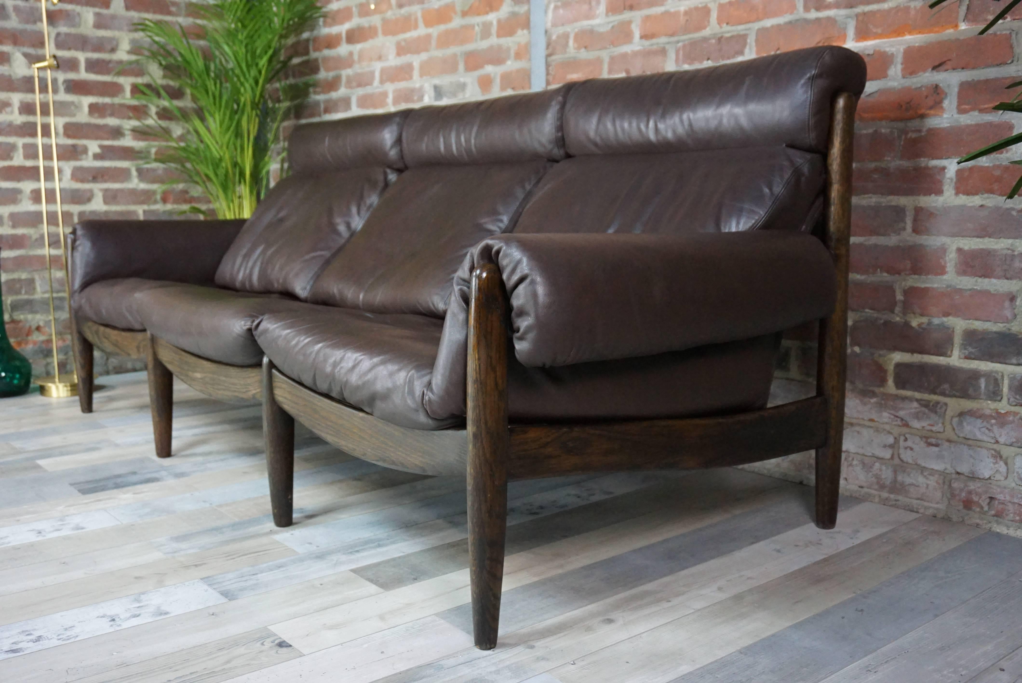 Scandinavian Modern Scandinavian Three-Seat Sofa in Leather and Oak