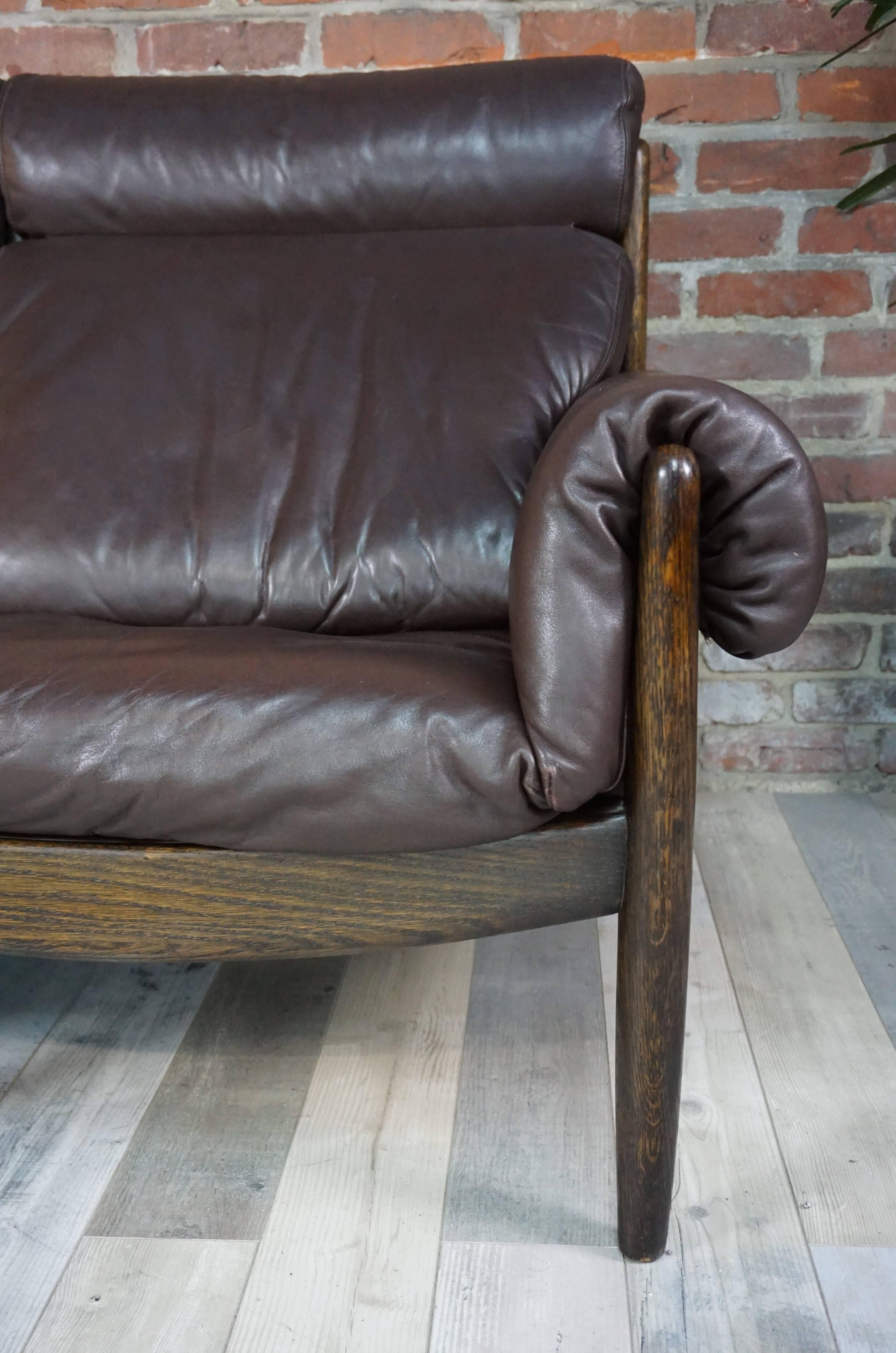 European Scandinavian Three-Seat Sofa in Leather and Oak
