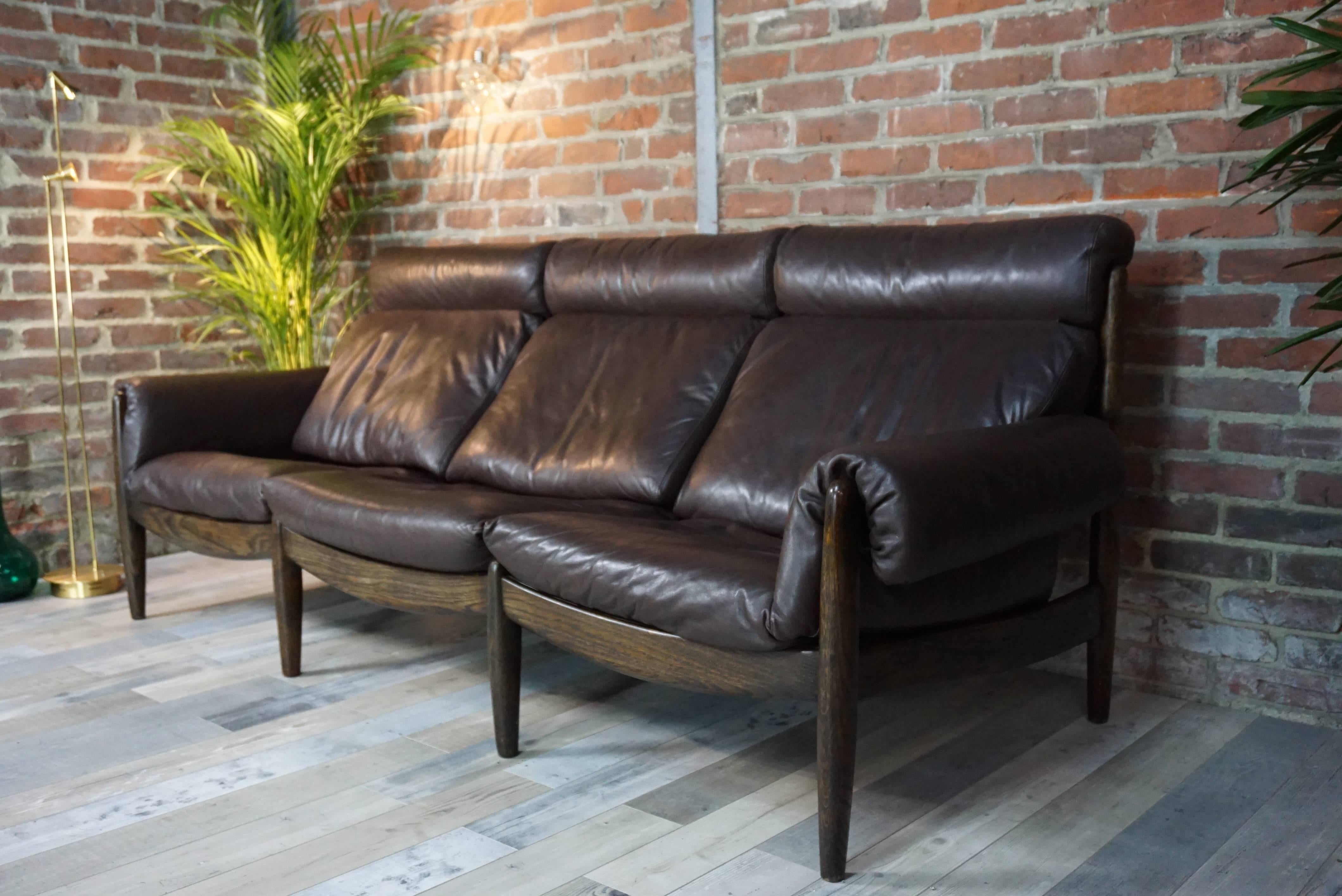 20th Century Scandinavian Three-Seat Sofa in Leather and Oak