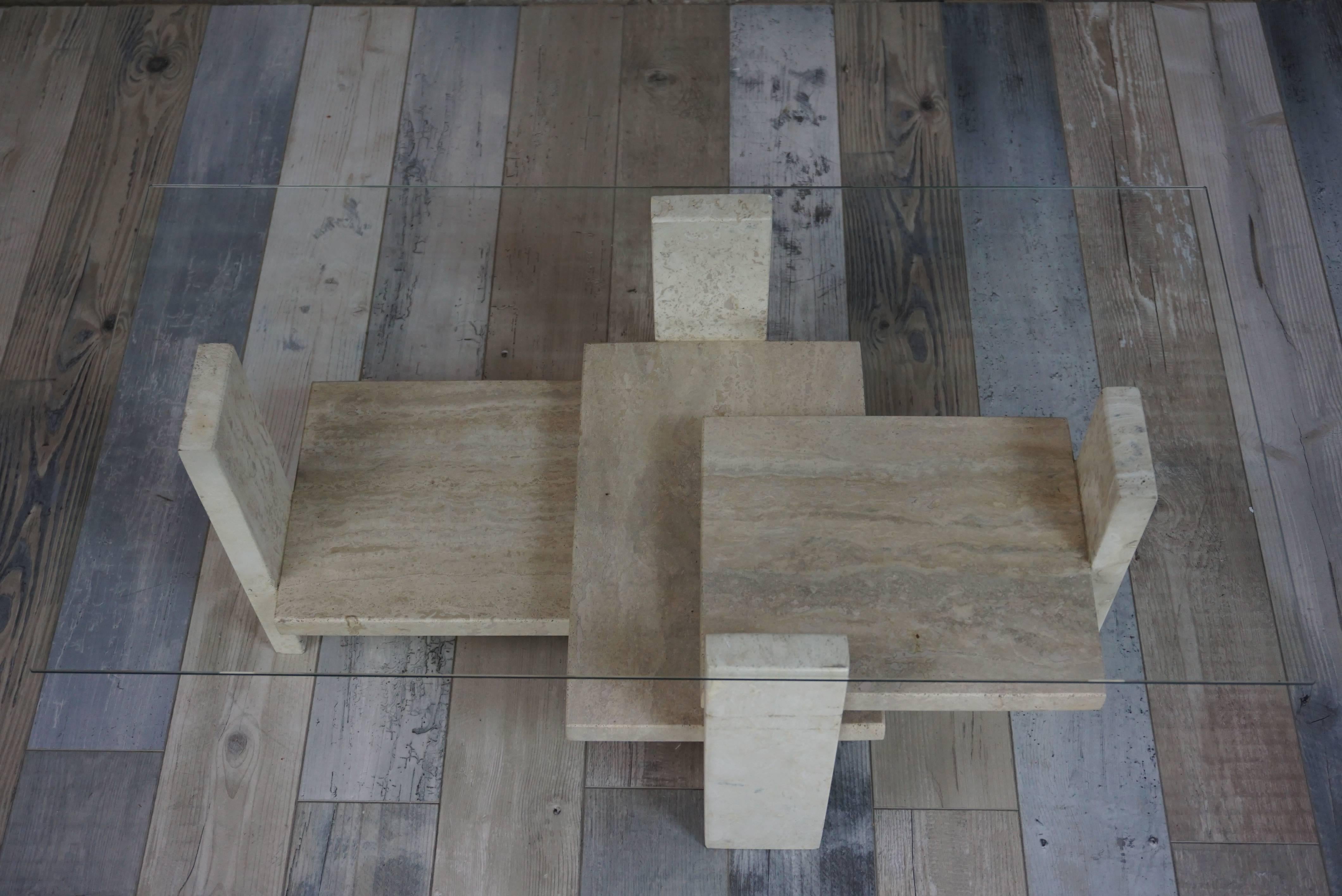 Design Coffee Table in Travertine and Glass by Willy Ballez In Good Condition In Tourcoing, FR