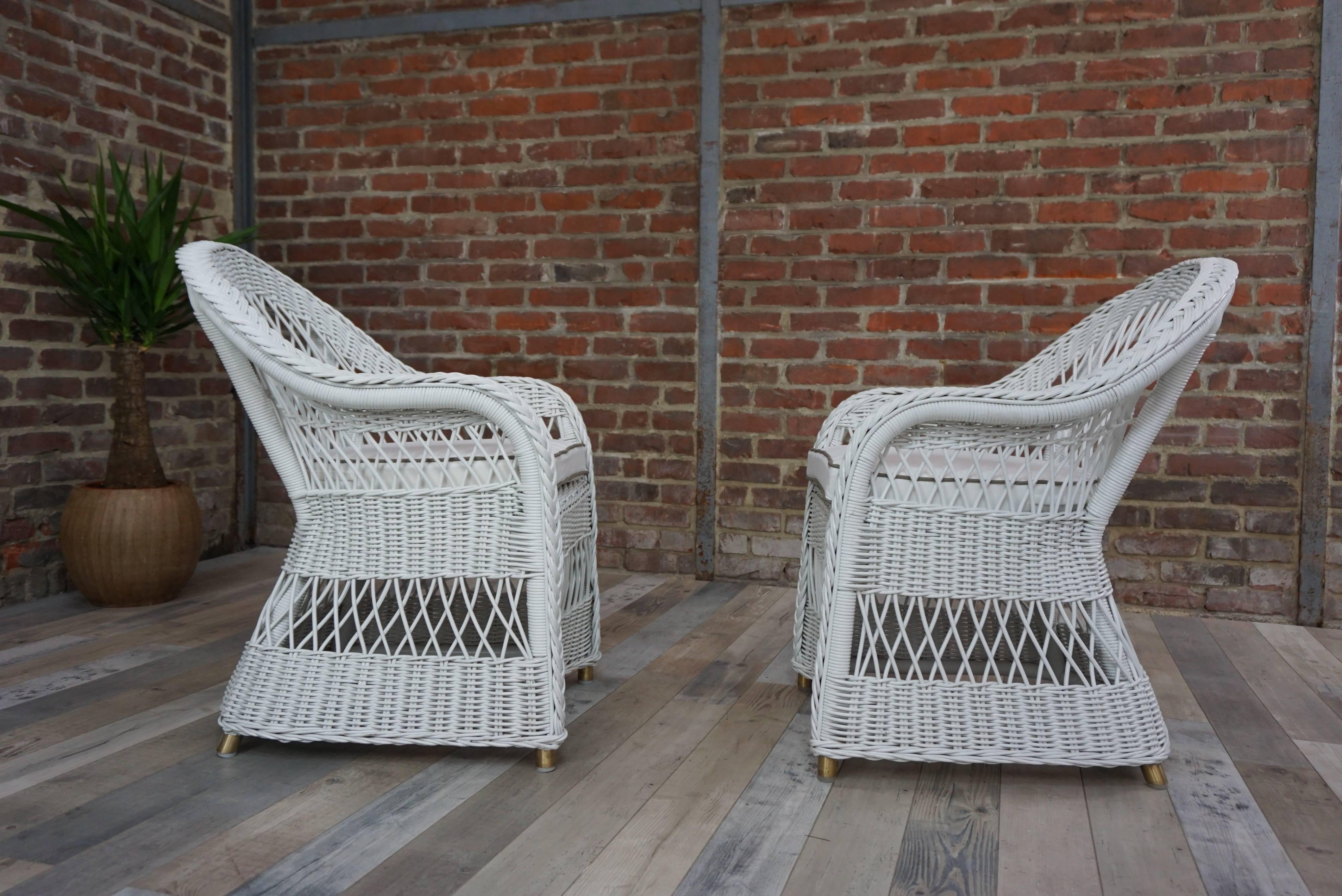 French Set of Four White Wicker Rattan Armchairs