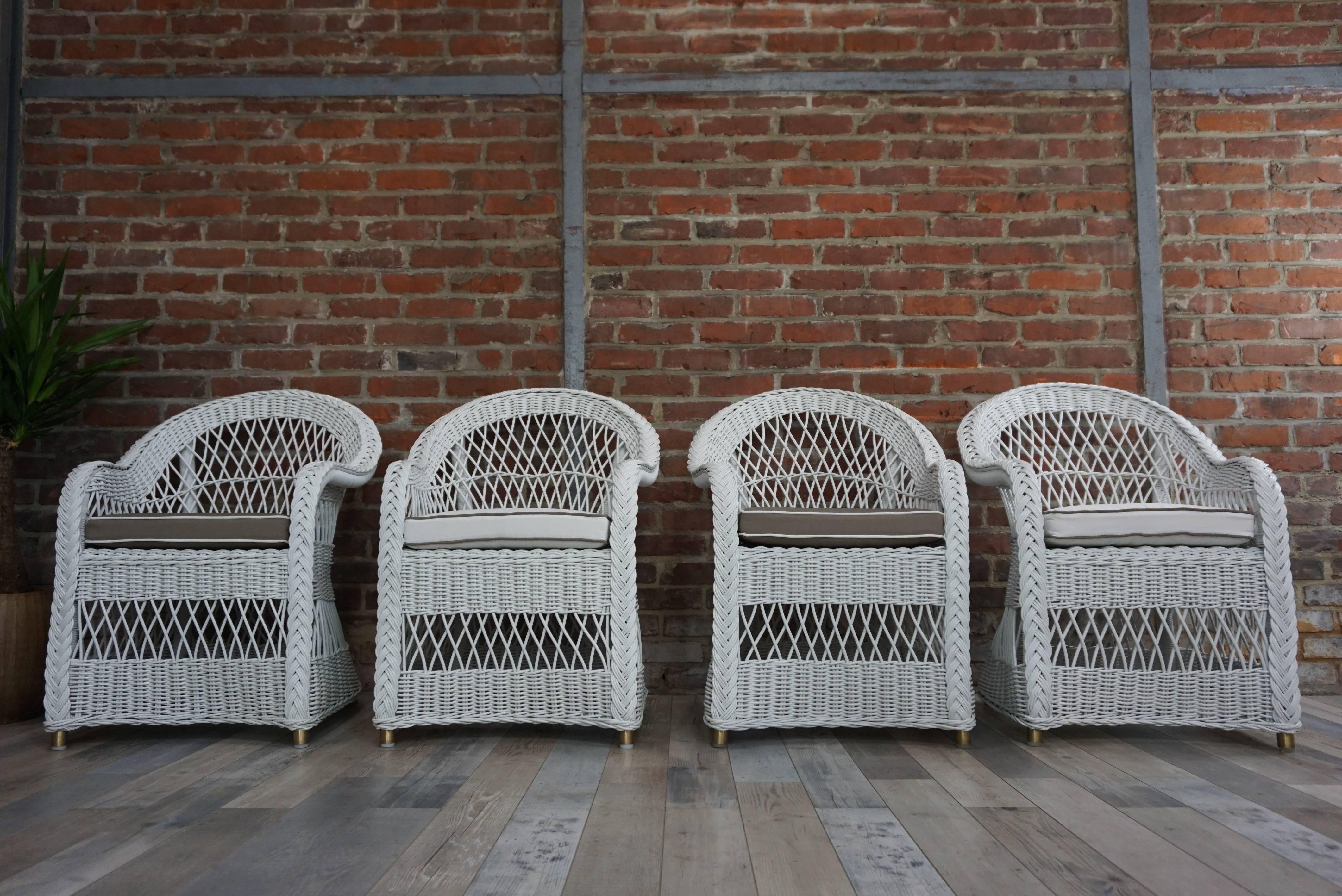 Set of Four White Wicker Rattan Armchairs 2