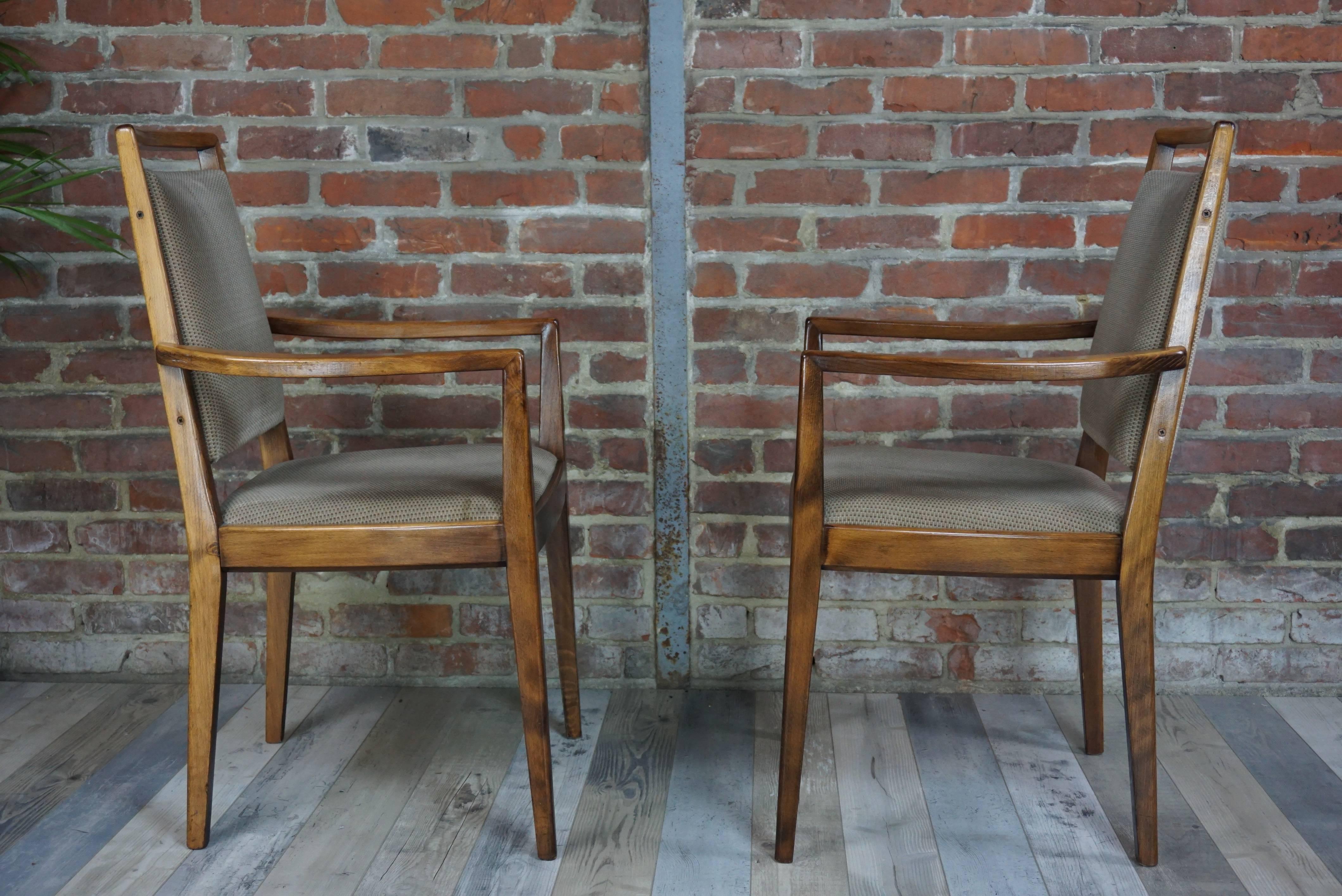 Suite of six Scandinavian chairs with armrests, comfortable, elegant. Beautiful workmanship with a nice work of wood, lightly curved at the level of the armrests. Seat and fabric in very good condition. Measures: (Height of seat 49; Height of