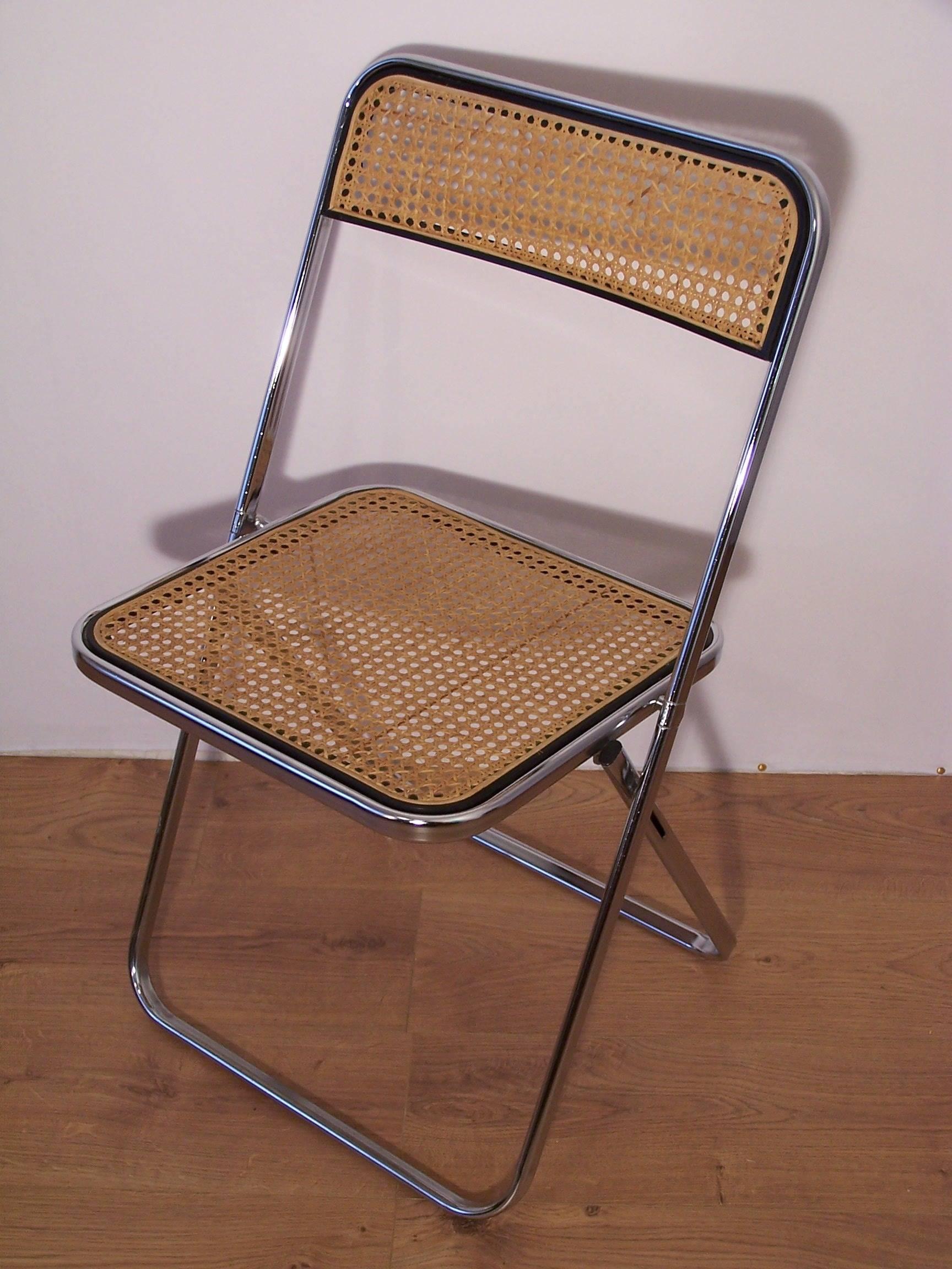 Mid-Century Modern Castelli Style Chrome and Cane Pair of Folding Chairs