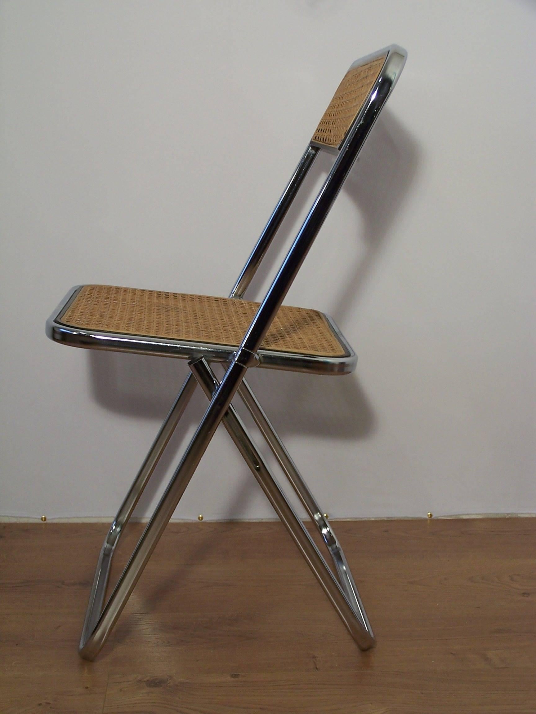 French Castelli Style Chrome and Cane Pair of Folding Chairs