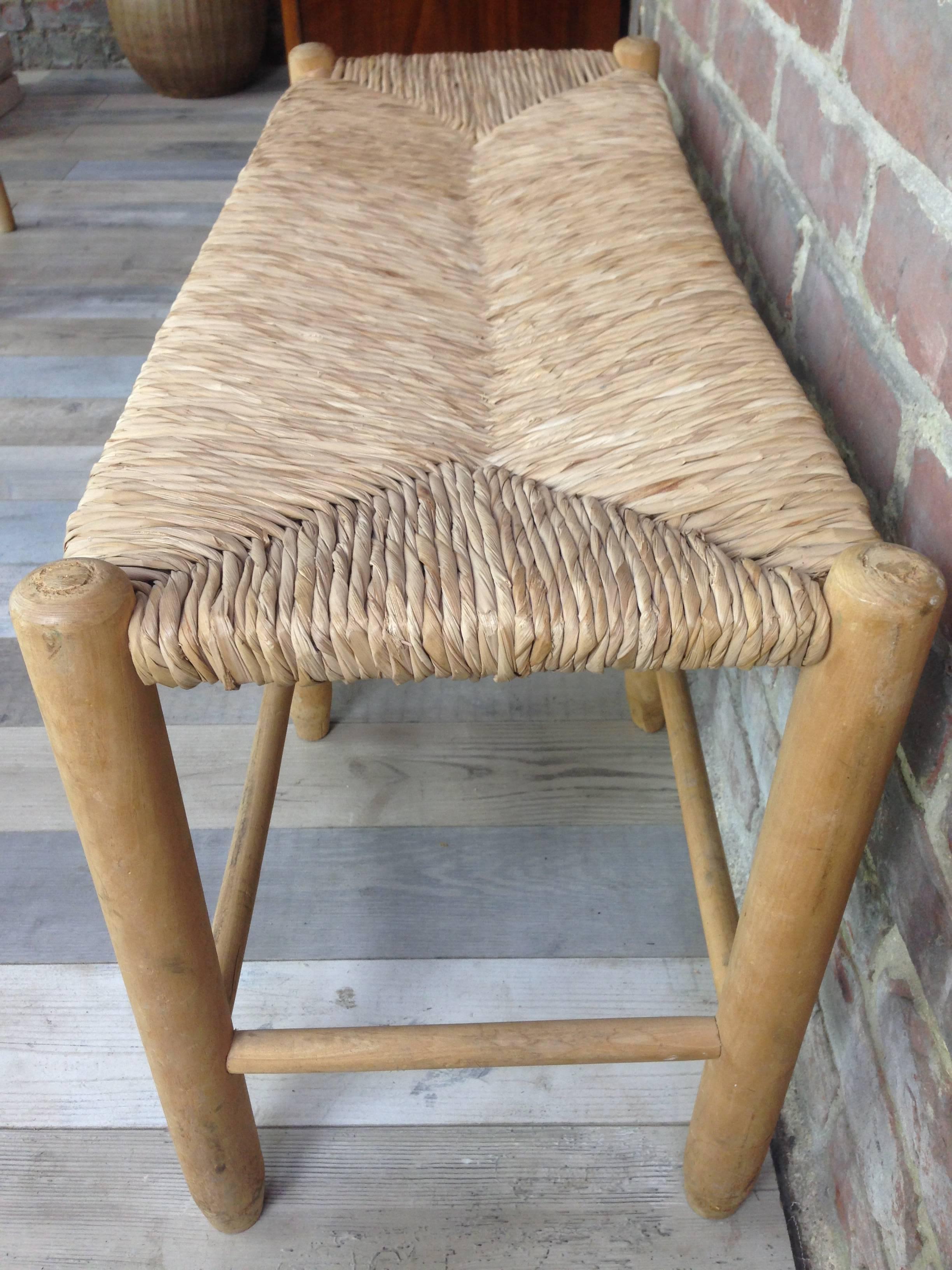 Mid-Century Modern French Design of the 1950s Bench Wooden Straw and Wood