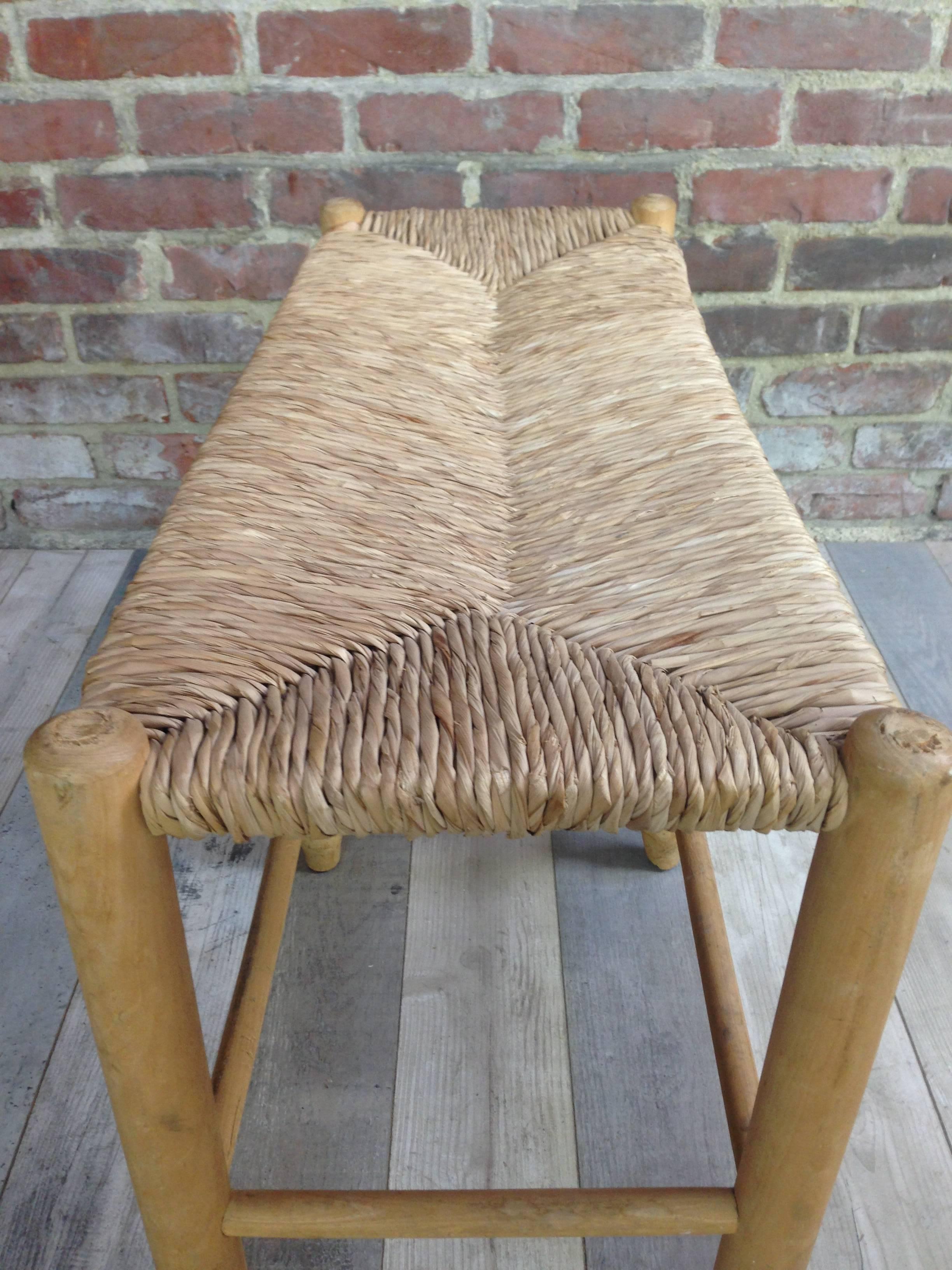 French Design of the 1950s Bench Wooden Straw and Wood In Good Condition In Tourcoing, FR