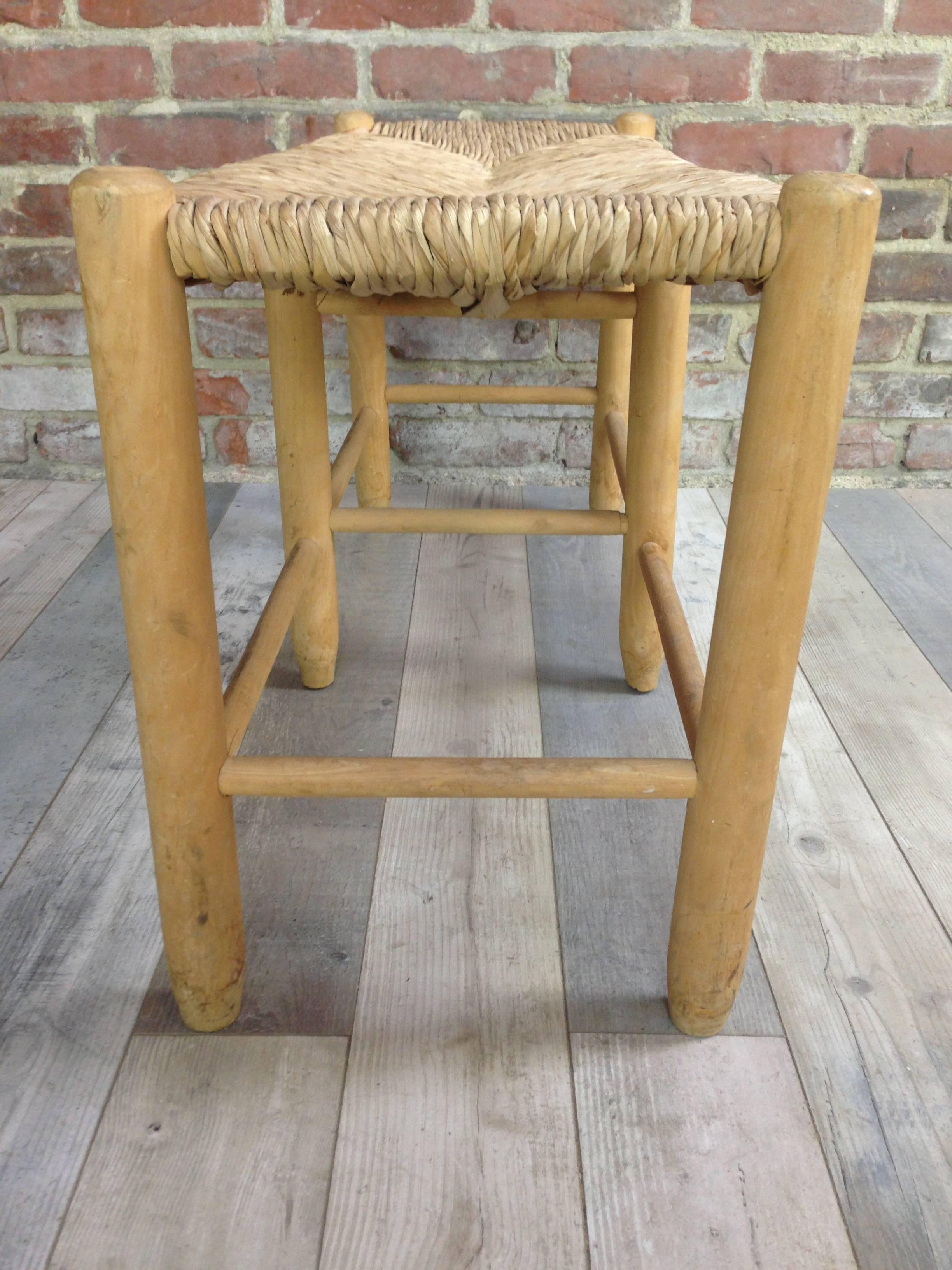 20th Century French Design of the 1950s Bench Wooden Straw and Wood