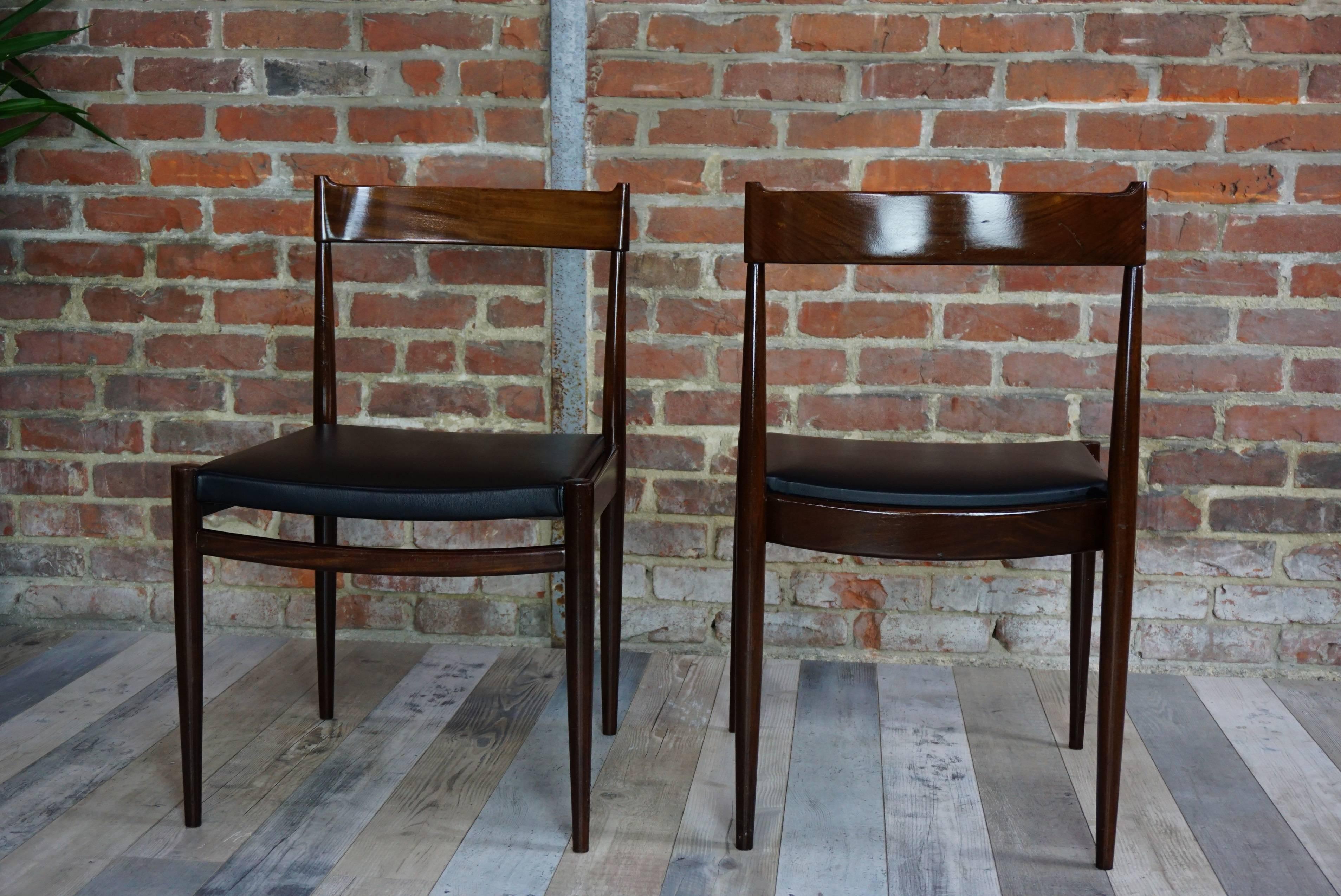 Faux Leather Pair of Teak Chairs and Faux Black Leather Design from the 1950s