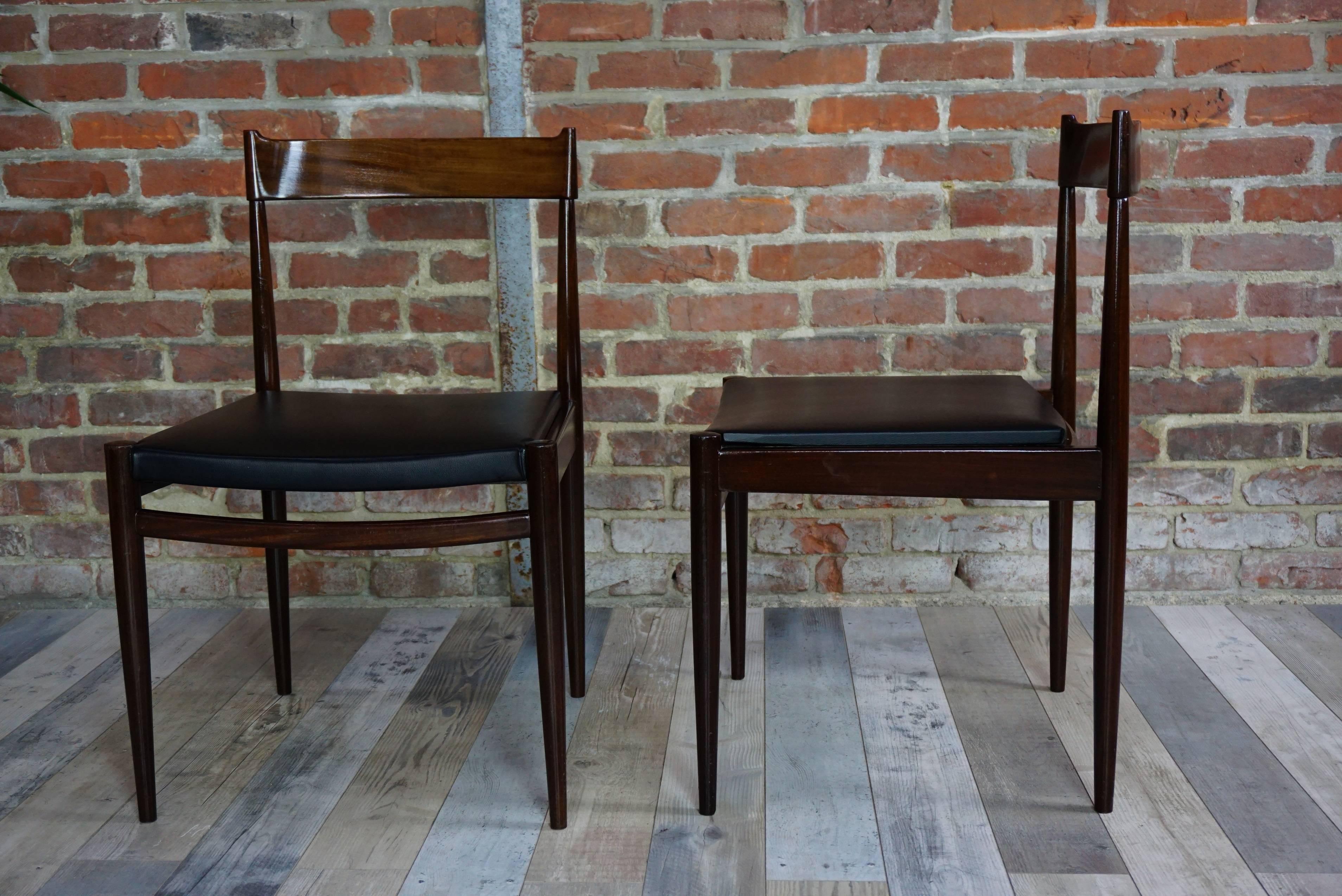 20th Century Pair of Teak Chairs and Faux Black Leather Design from the 1950s