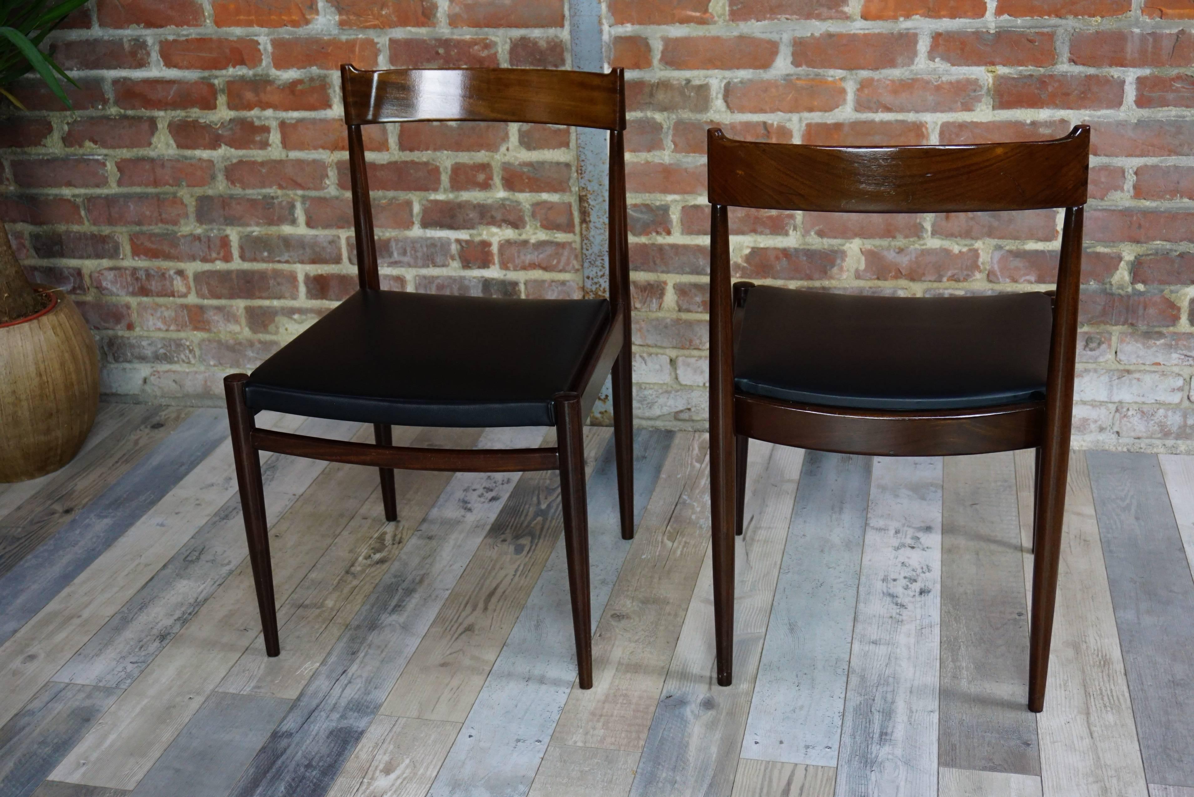 Pair of Teak Chairs and Faux Black Leather Design from the 1950s 1