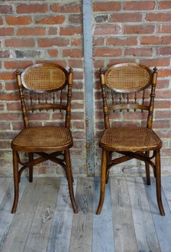 Pair of Curved Wood and Cane Chairs End of the 19th and Early 20th Century