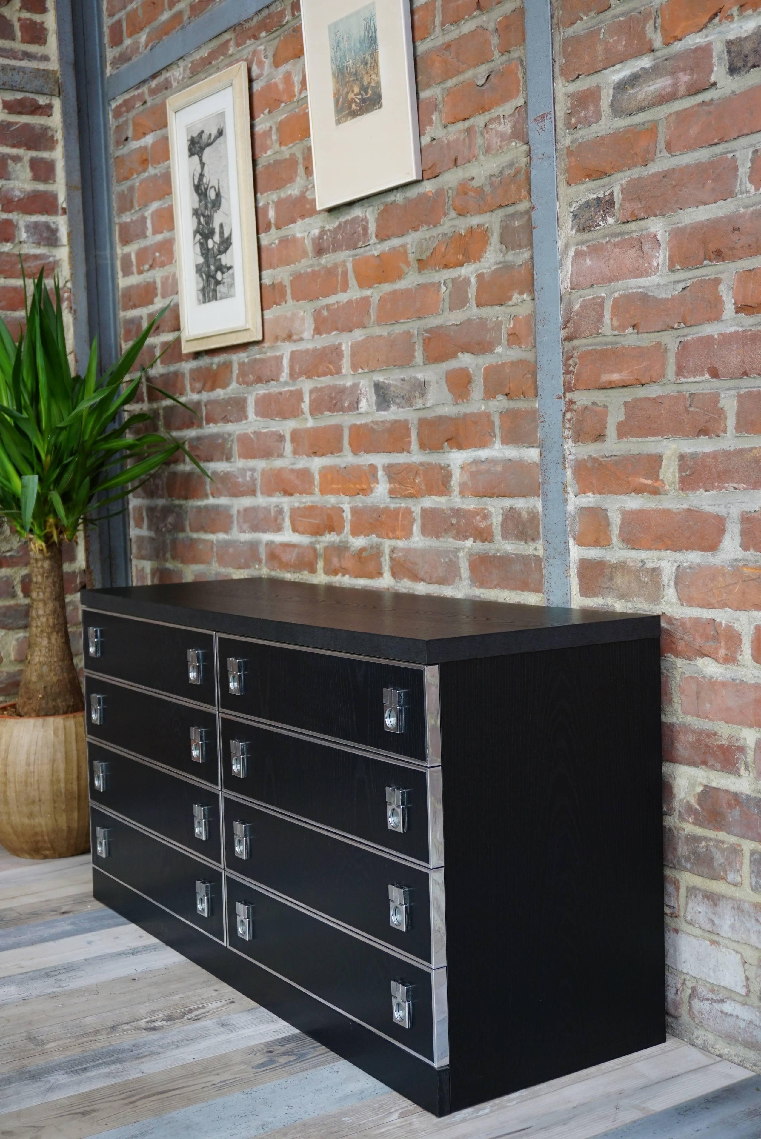 French Long Vintage Black Wood Dresser with Eight Drawers
