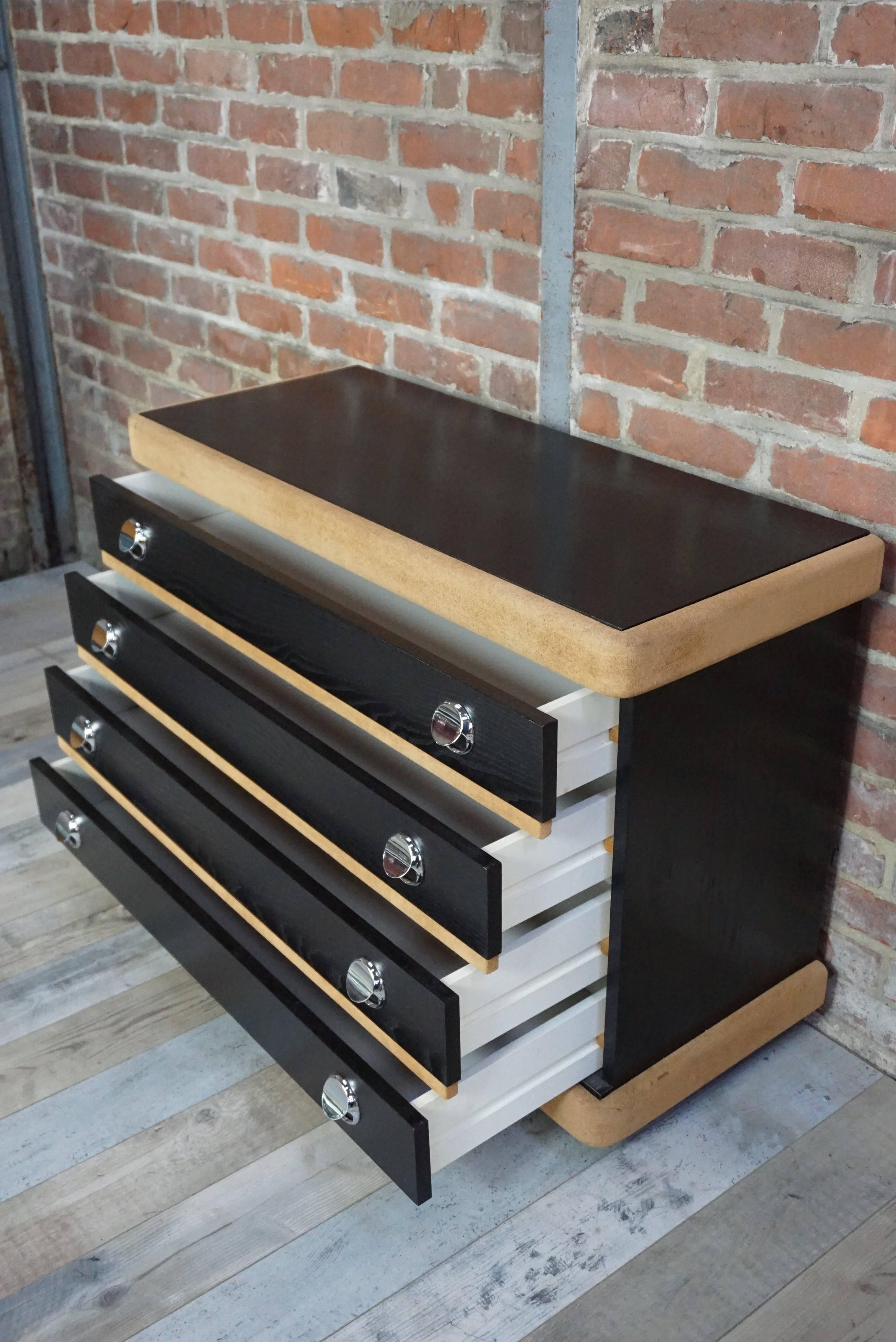 Vintage Chest of Drawers in Wood and Nubuck with Chrome Handles 1