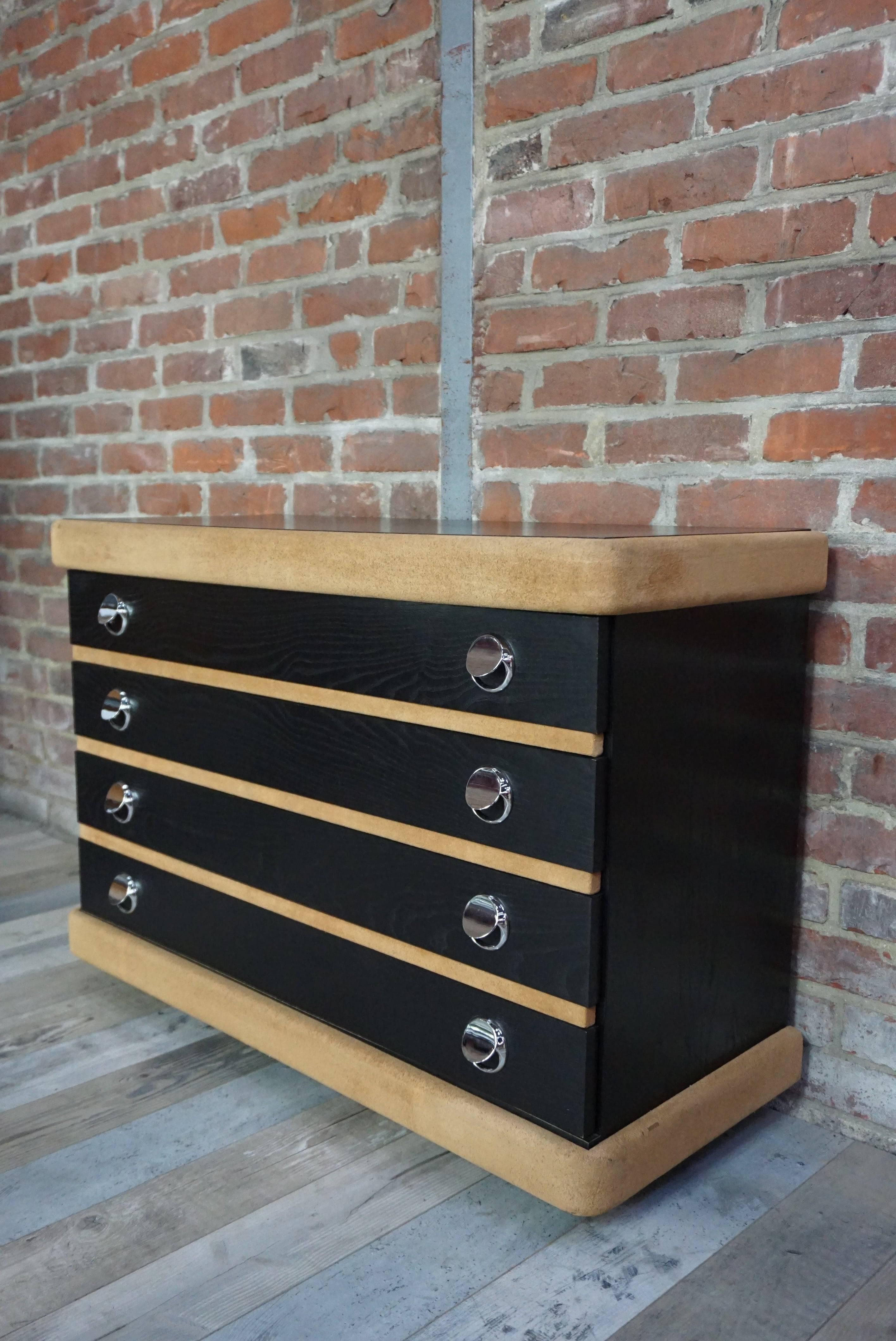 Mid-Century Modern Vintage Chest of Drawers in Wood and Nubuck with Chrome Handles