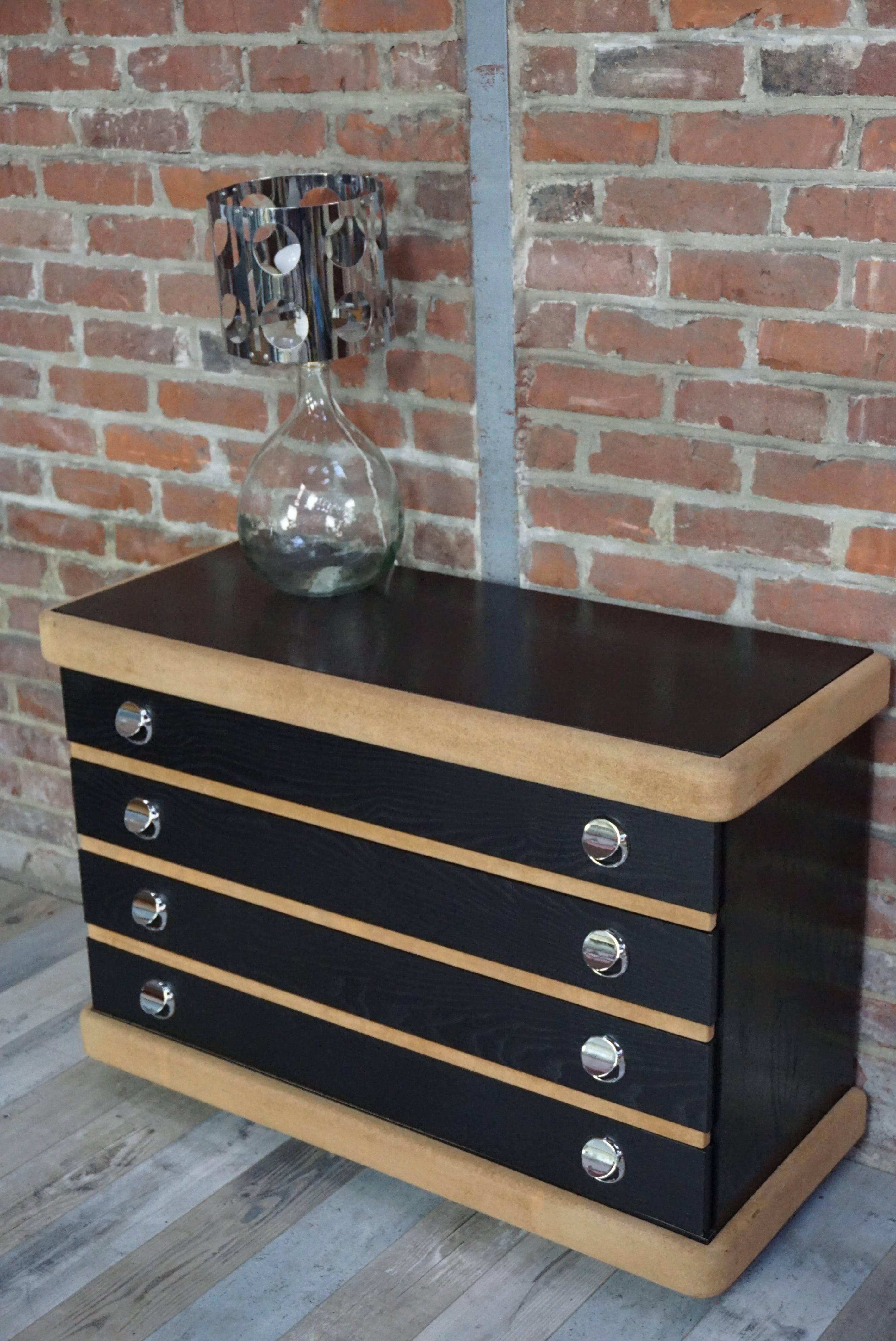 20th Century Vintage Chest of Drawers in Wood and Nubuck with Chrome Handles