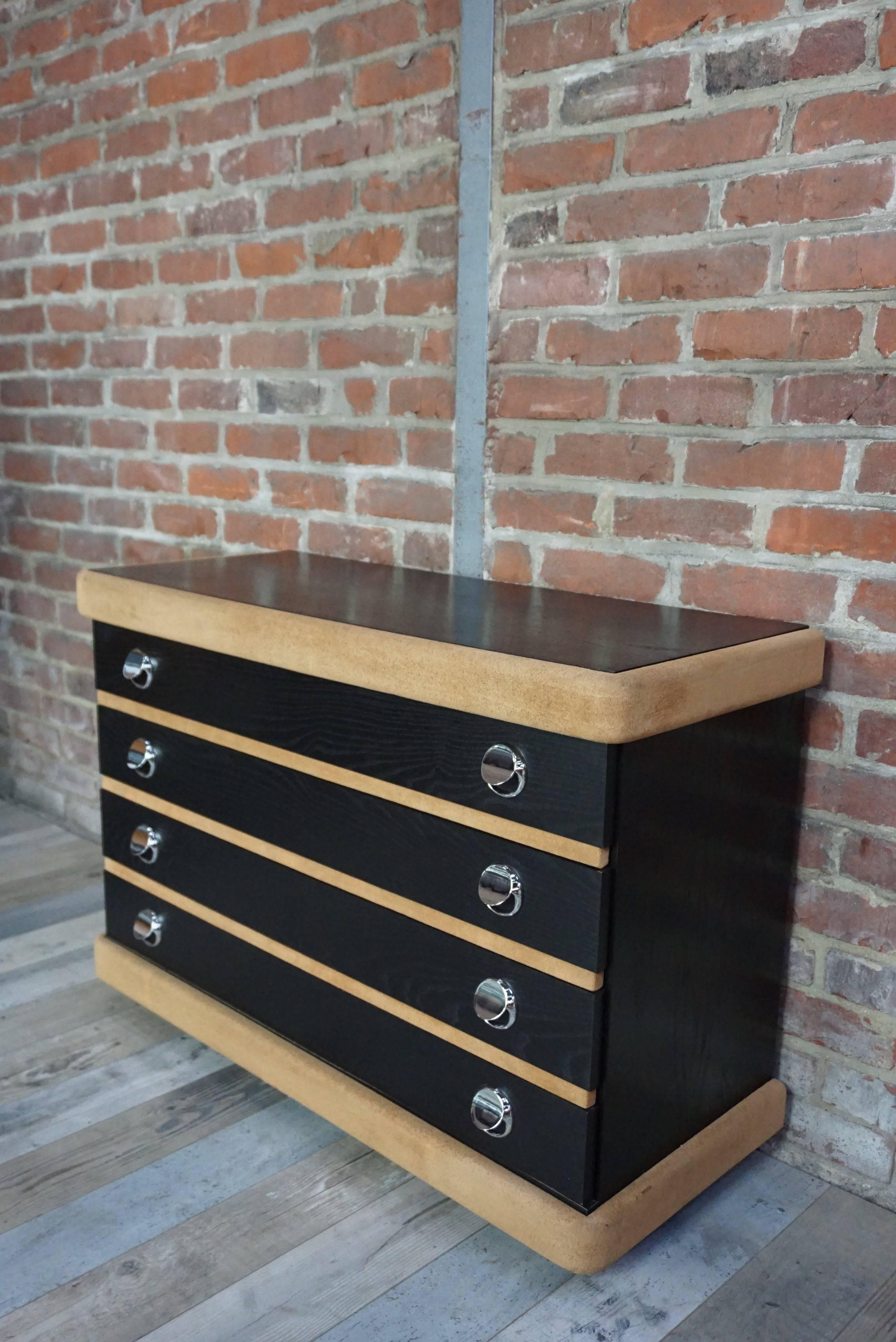 French Vintage Chest of Drawers in Wood and Nubuck with Chrome Handles