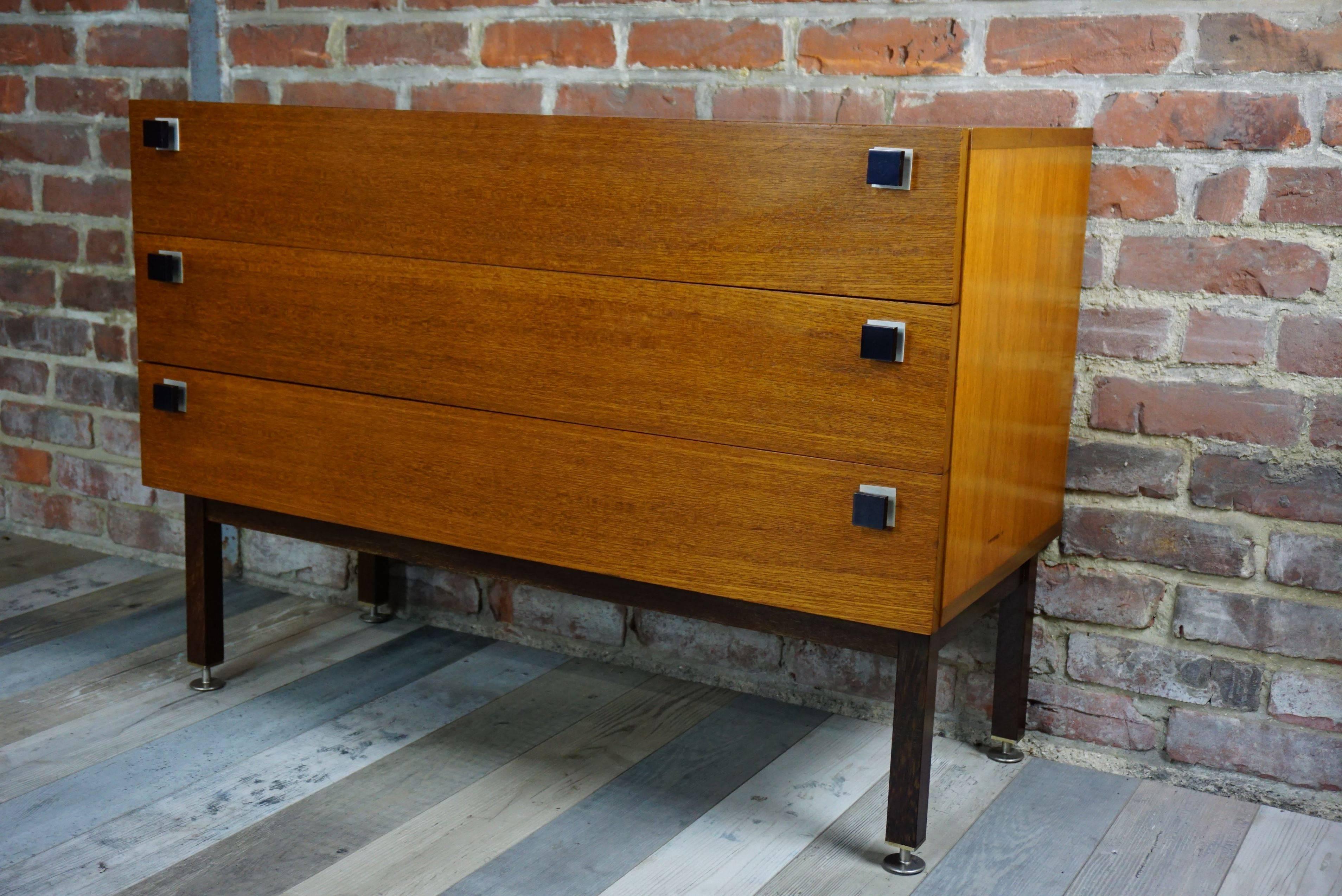 Mid-Century Modern Dutch Design Vintage Teak Dresser with Metal Handles