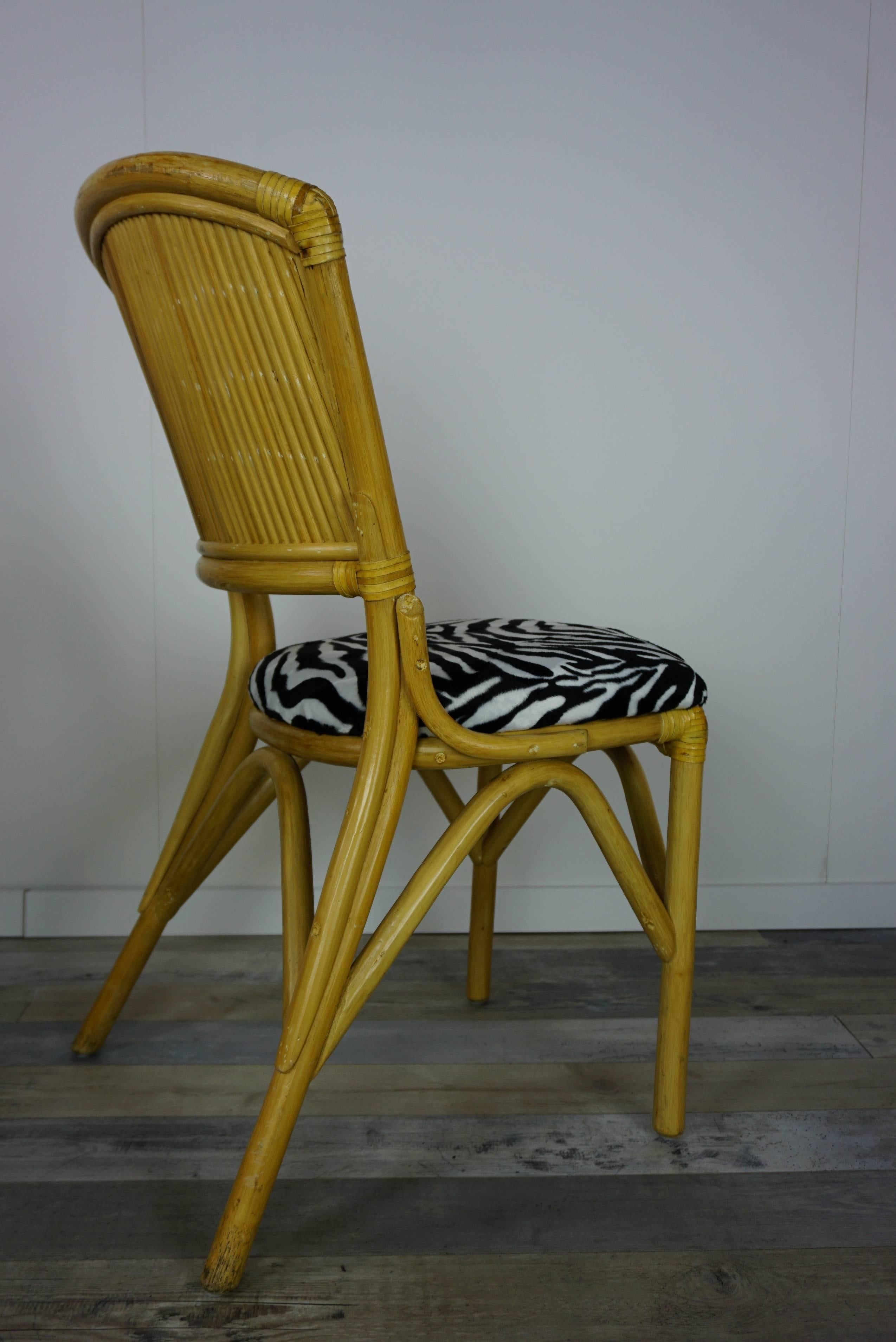 Mid-Century Modern Set of Four Rattan Chairs with Leather and Velvet Effects Zebra Skin